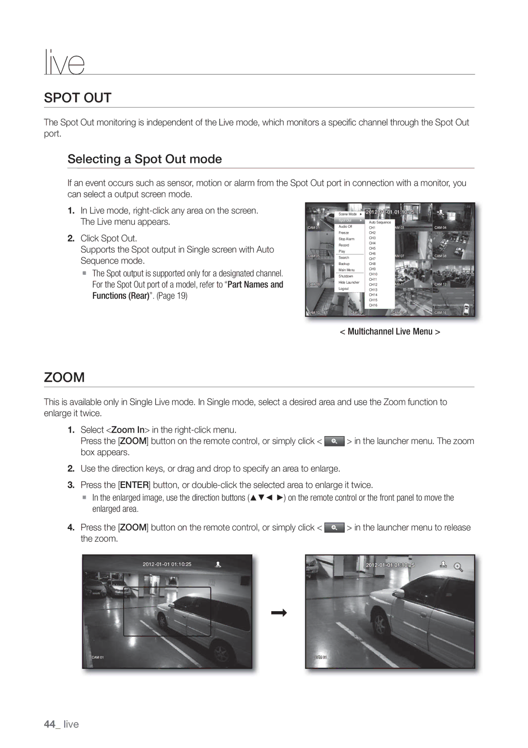 Samsung SDE5003, SDE-500X, SDE-5003, SDE-400X user manual Spot OUT, Zoom, Selecting a Spot Out mode, Multichannel Live Menu 