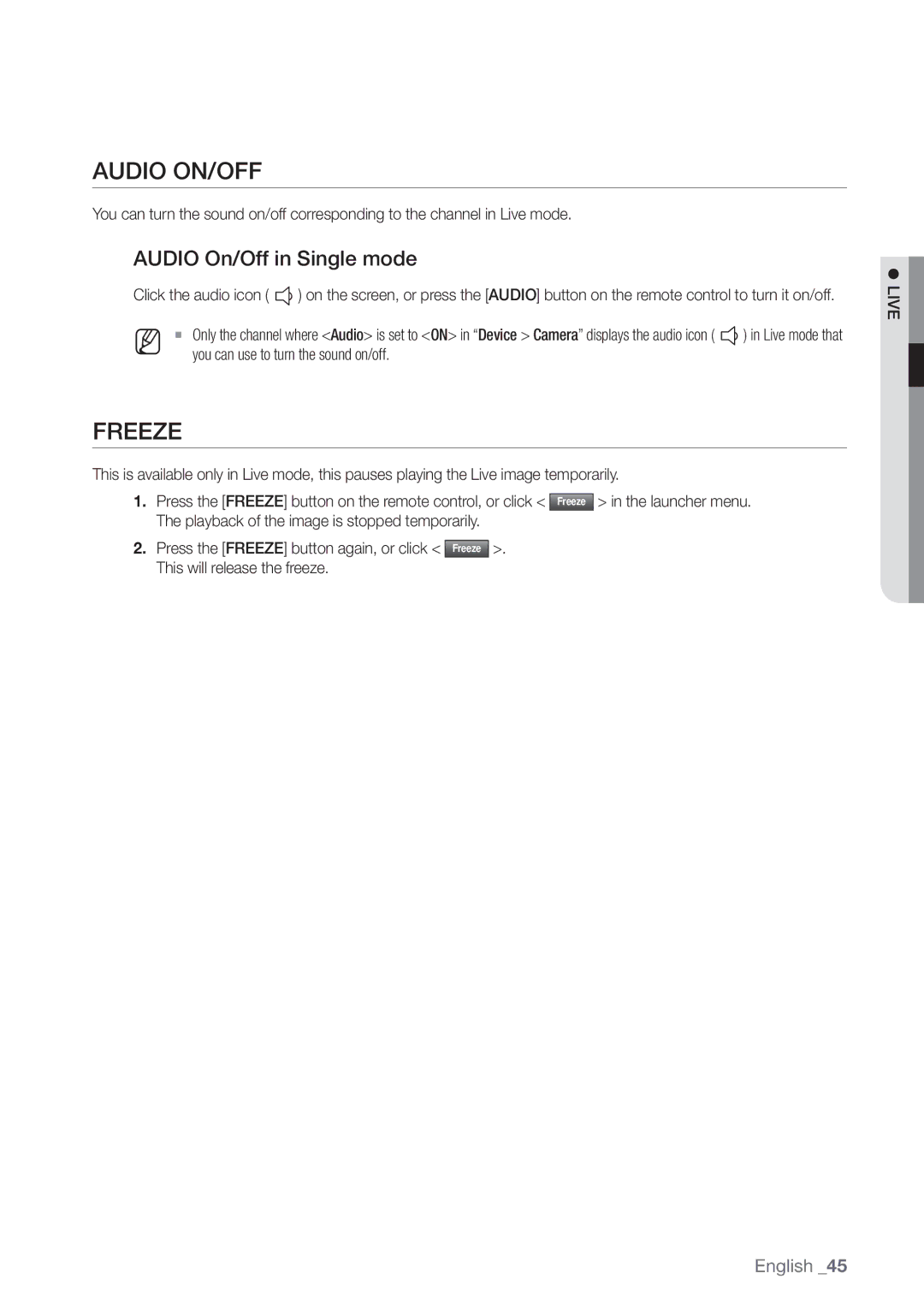 Samsung SDE-500X, SDE5003, SDE-5003, SDE-400X user manual Audio ON/OFF, Freeze, Audio On/Off in Single mode 
