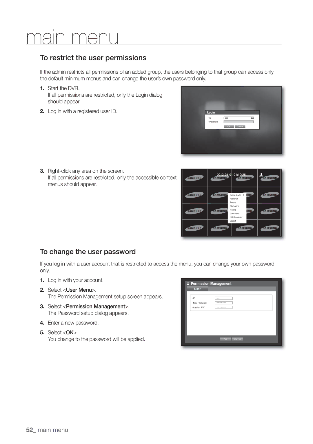 Samsung SDE5003, SDE-500X, SDE-5003, SDE-400X To restrict the user permissions, To change the user password, Login, User 