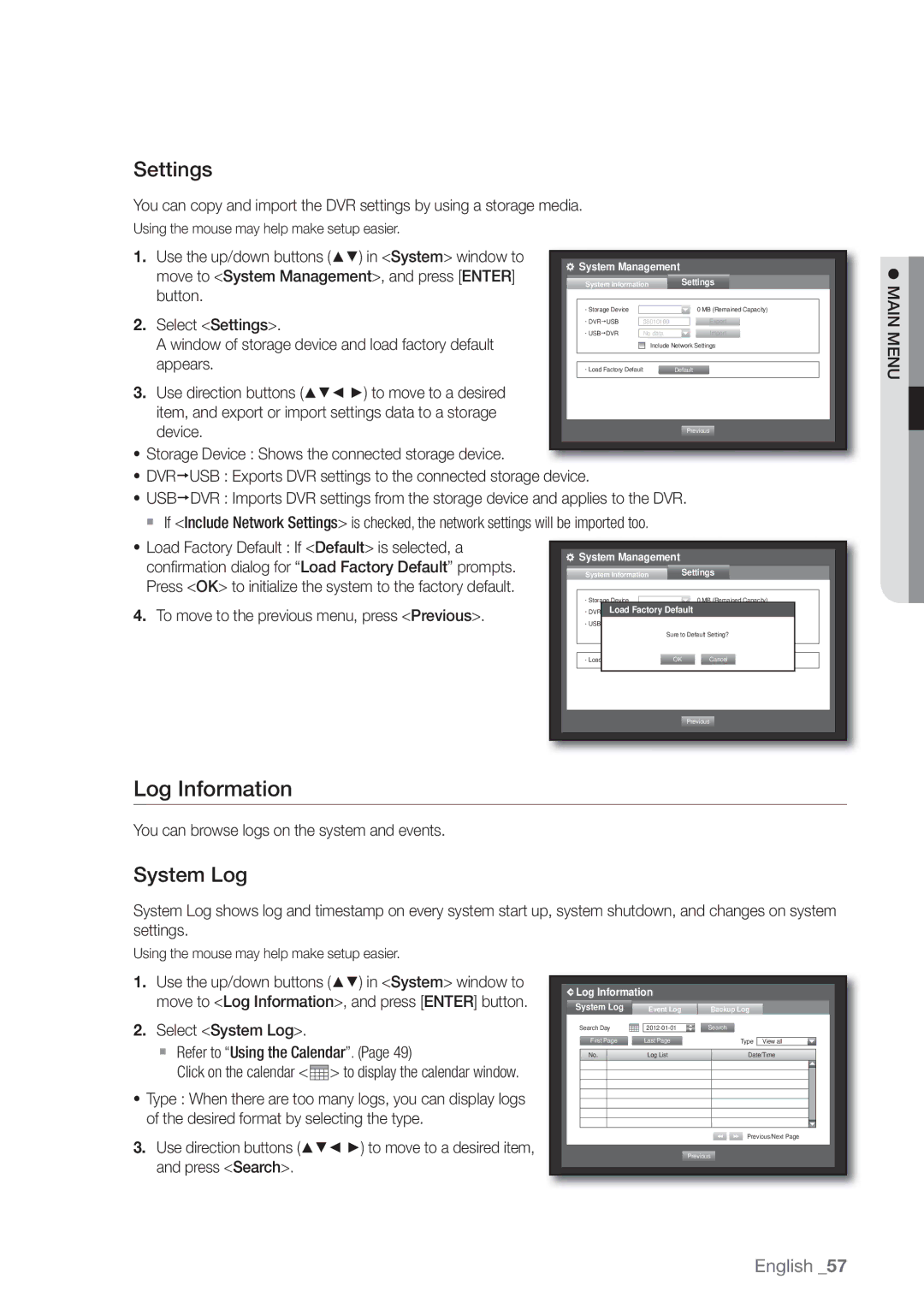 Samsung SDE-500X, SDE5003, SDE-5003, SDE-400X user manual Log Information, Settings, System Log 