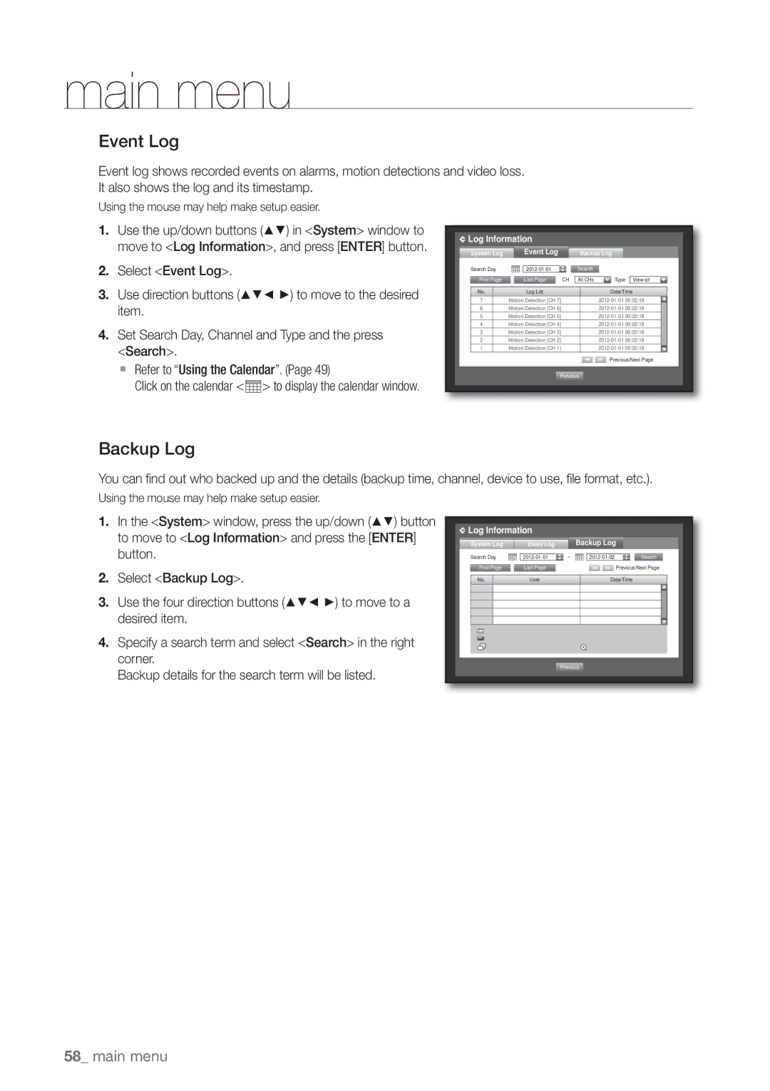 Samsung SDE-5003, SDE5003, SDE-500X, SDE-400X user manual Backup Log, Select Event Log Use direction buttons 