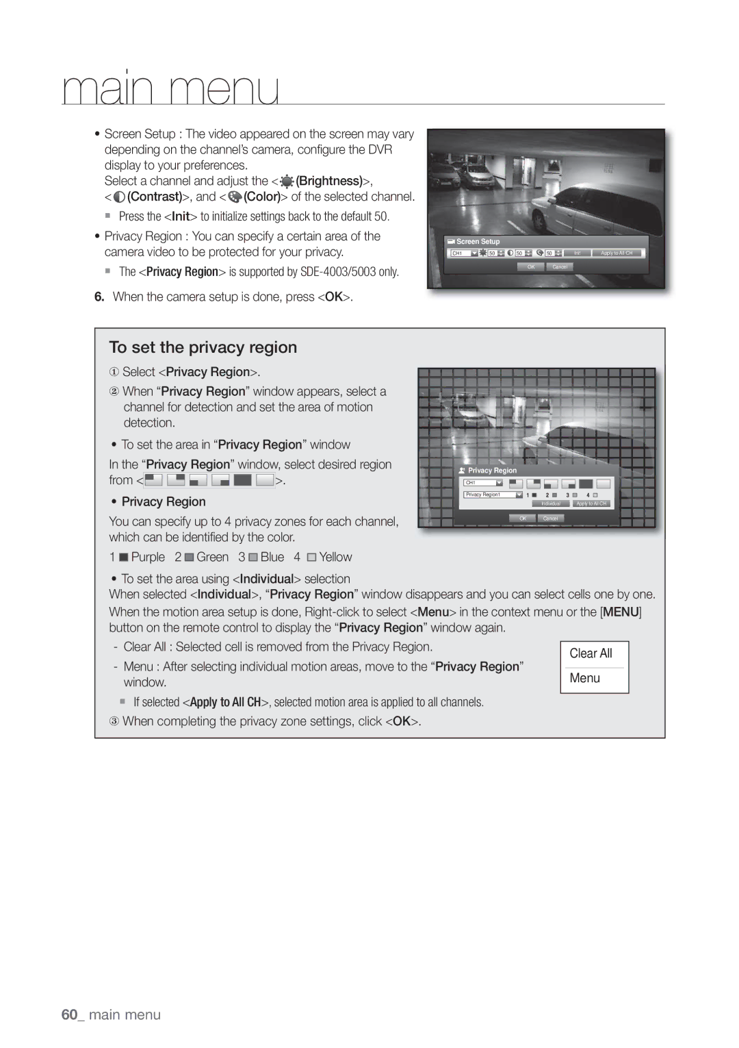 Samsung SDE5003, SDE-500X, SDE-5003 To set the privacy region, When the camera setup is done, press OK, Privacy Region 