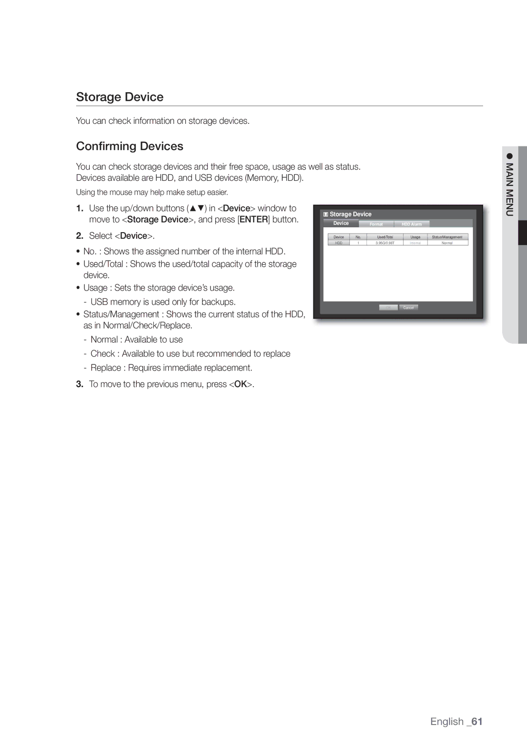 Samsung SDE-500X, SDE5003 Storage Device, Confirming Devices, You can check information on storage devices, Select Device 