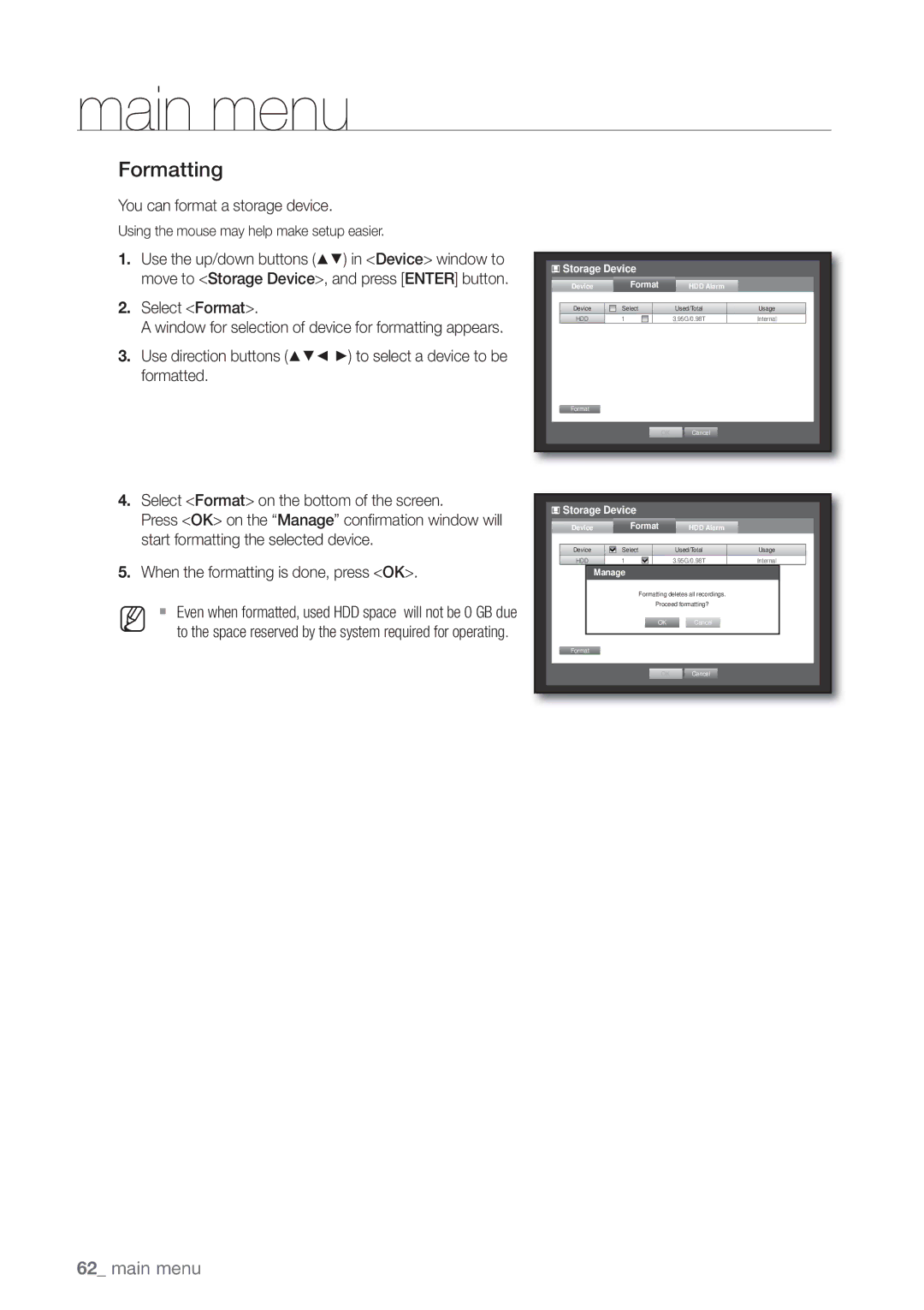 Samsung SDE-5003, SDE5003, SDE-500X, SDE-400X Formatting, You can format a storage device, Select Format, Formatted 