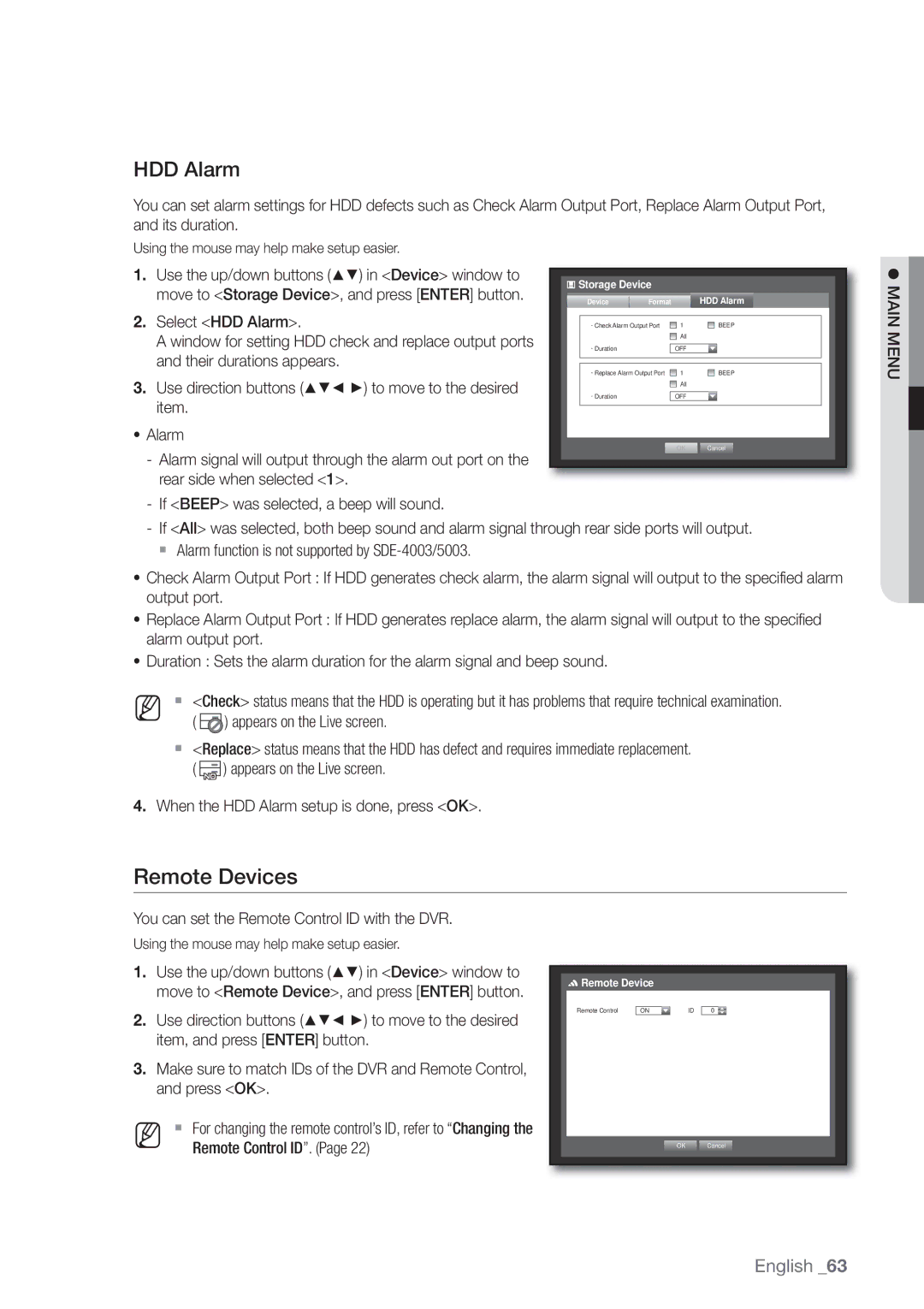 Samsung SDE-400X, SDE5003, SDE-500X, SDE-5003 user manual Remote Devices, HDD Alarm 