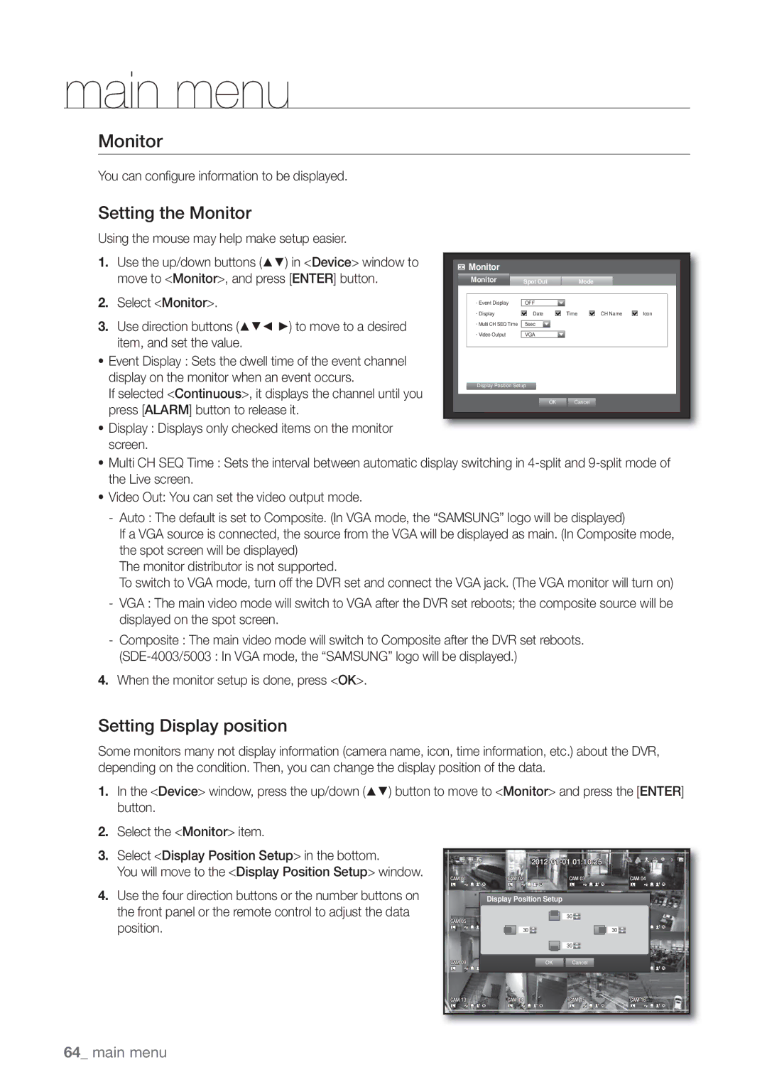 Samsung SDE5003, SDE-500X, SDE-5003, SDE-400X user manual Setting the Monitor, Setting Display position 