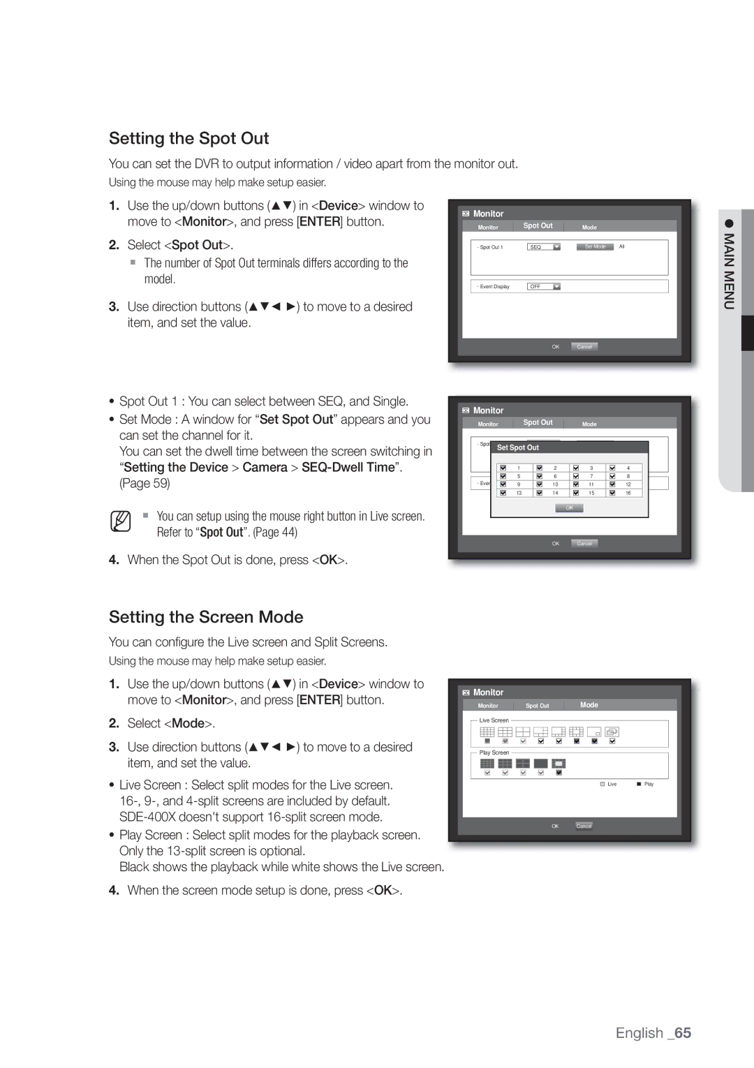 Samsung SDE-500X, SDE5003, SDE-5003, SDE-400X user manual Setting the Spot Out, Setting the Screen Mode 