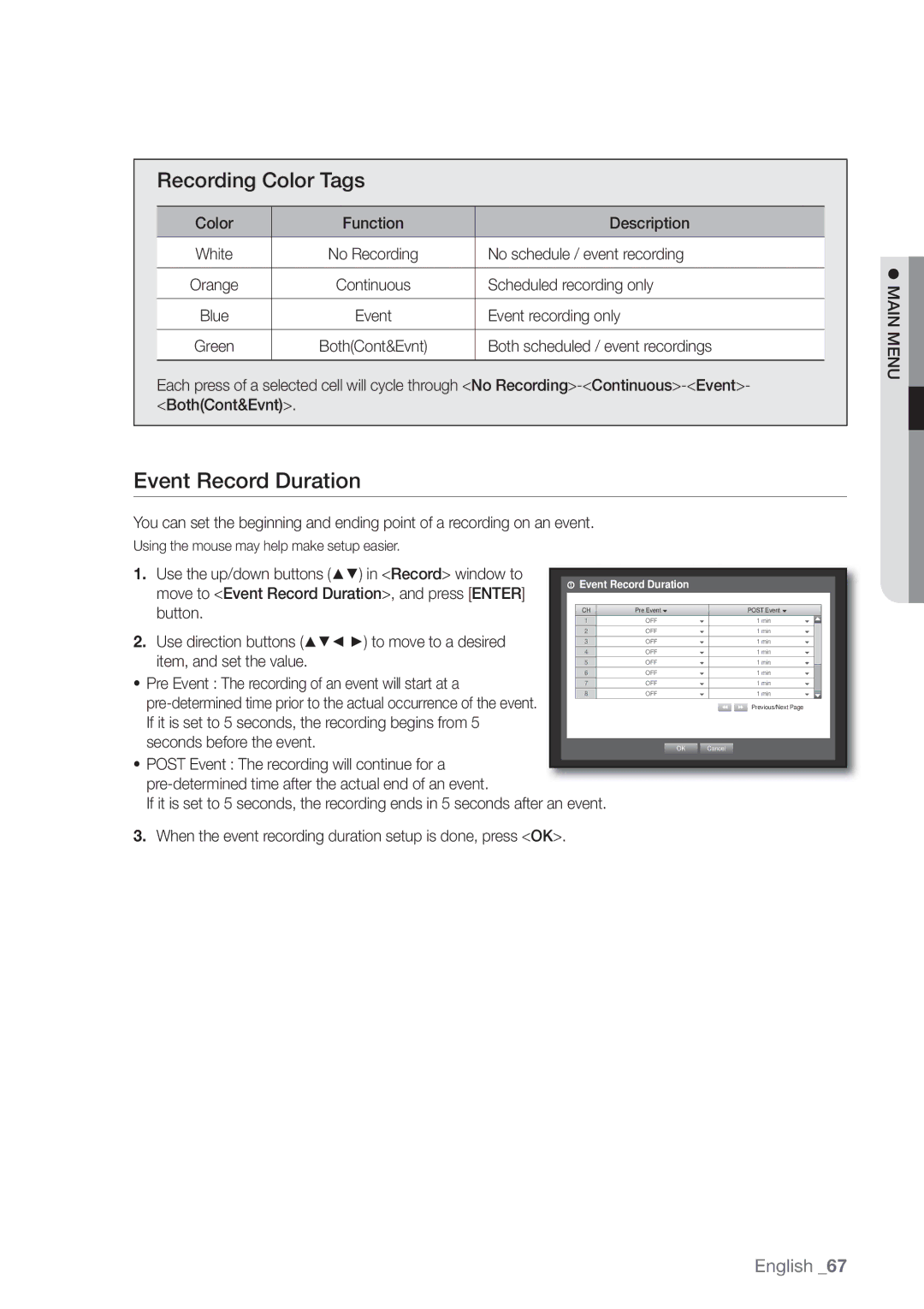 Samsung SDE-400X, SDE5003, SDE-500X, SDE-5003 user manual Event Record Duration, Recording Color Tags 