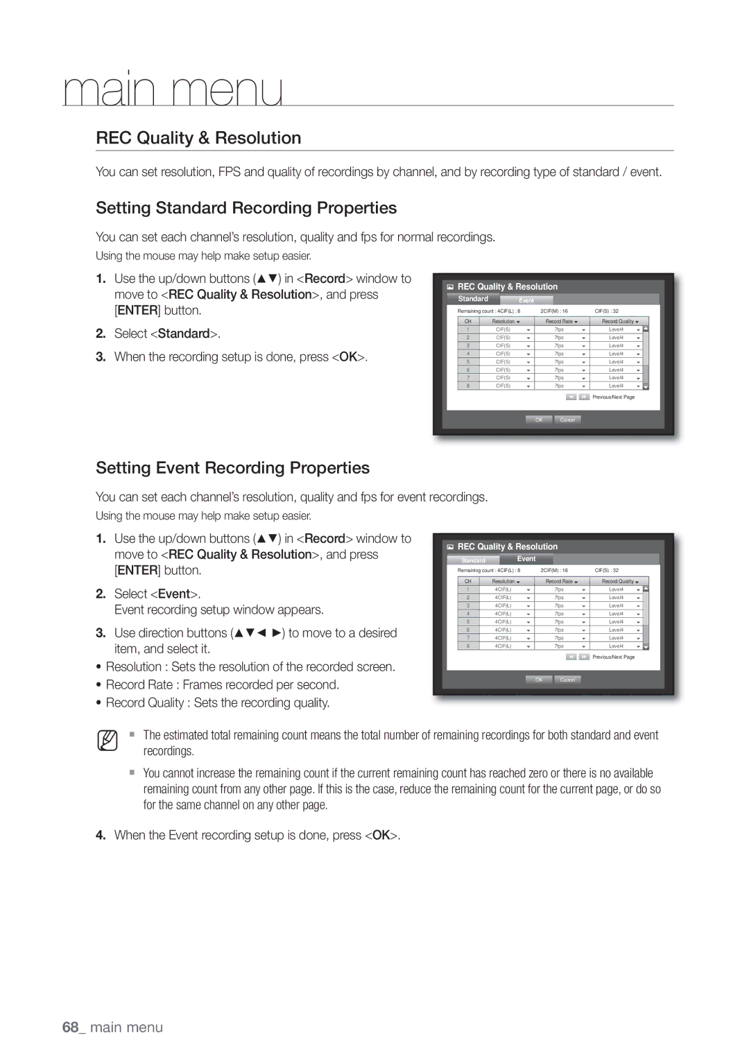 Samsung SDE5003 REC Quality & Resolution, Setting Standard Recording Properties, Setting Event Recording Properties 