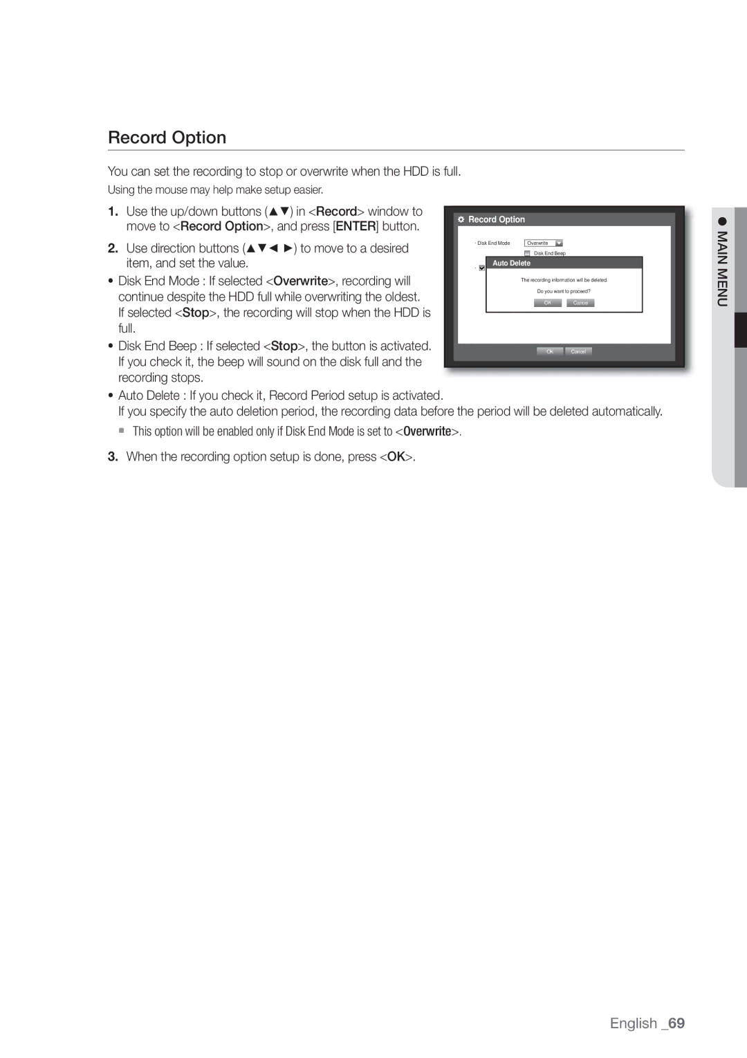 Samsung SDE-500X, SDE5003, SDE-5003, SDE-400X user manual Record Option, Auto Delete 