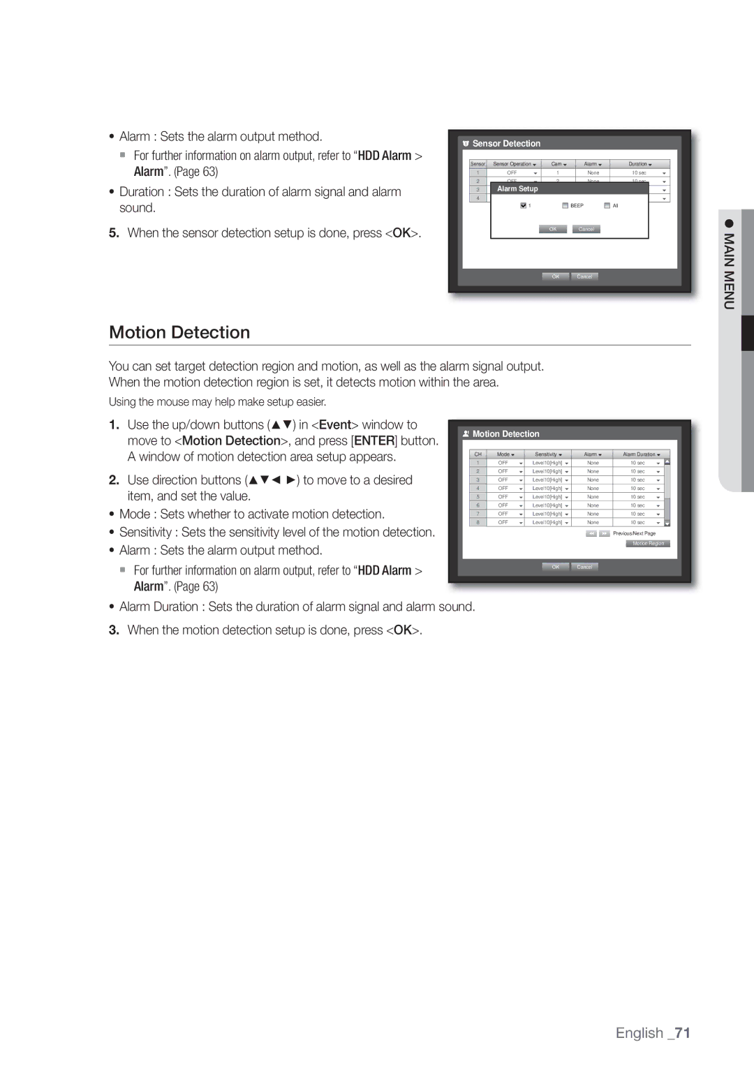 Samsung SDE-400X, SDE5003, SDE-500X Motion Detection, Window of motion detection area setup appears, Sensor Detection 