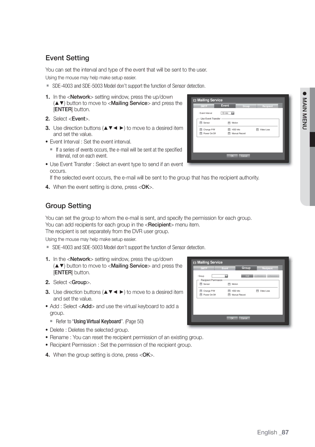 Samsung SDE-400X Event Setting, Group Setting, Button to move to Mailing Service and press, Interval, not on each event 