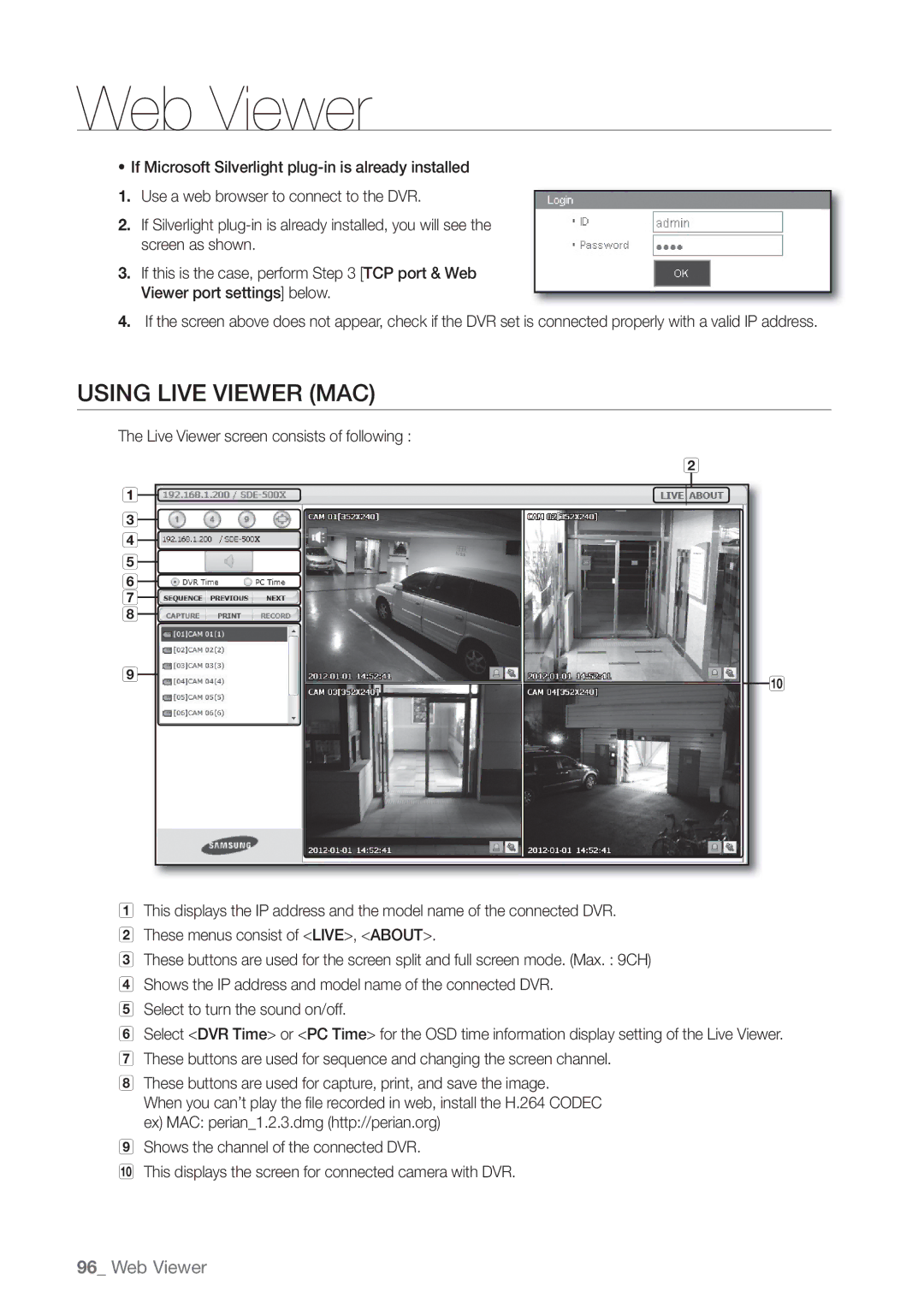 Samsung SDE5003, SDE-500X, SDE-5003, SDE-400X user manual Using Live Viewer MAC 