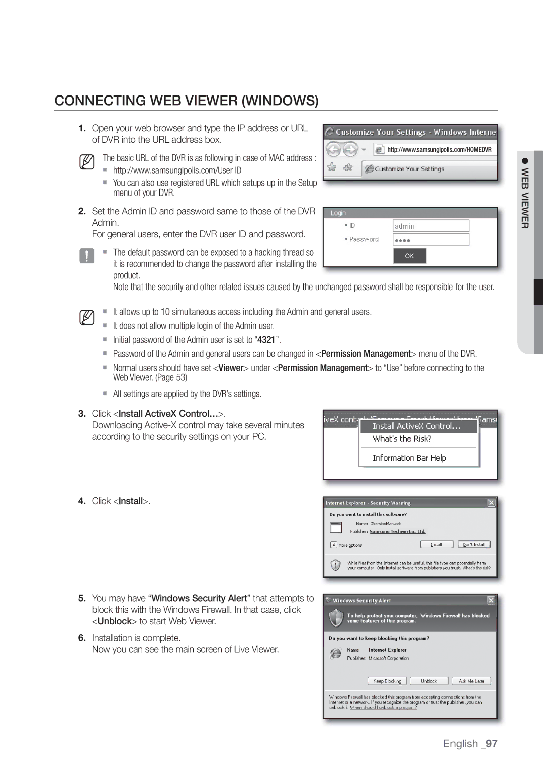 Samsung SDE-500X, SDE5003, SDE-5003, SDE-400X user manual Connecting WEB Viewer Windows 