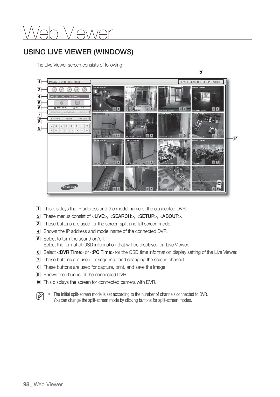 Samsung SDE-5003, SDE5003, SDE-500X, SDE-400X user manual Using Live Viewer Windows 