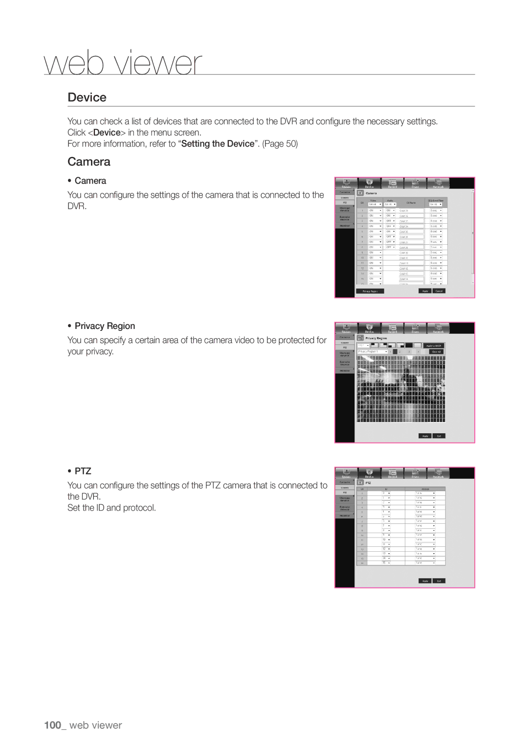 Samsung SDHP4080 user manual Device, Camera 