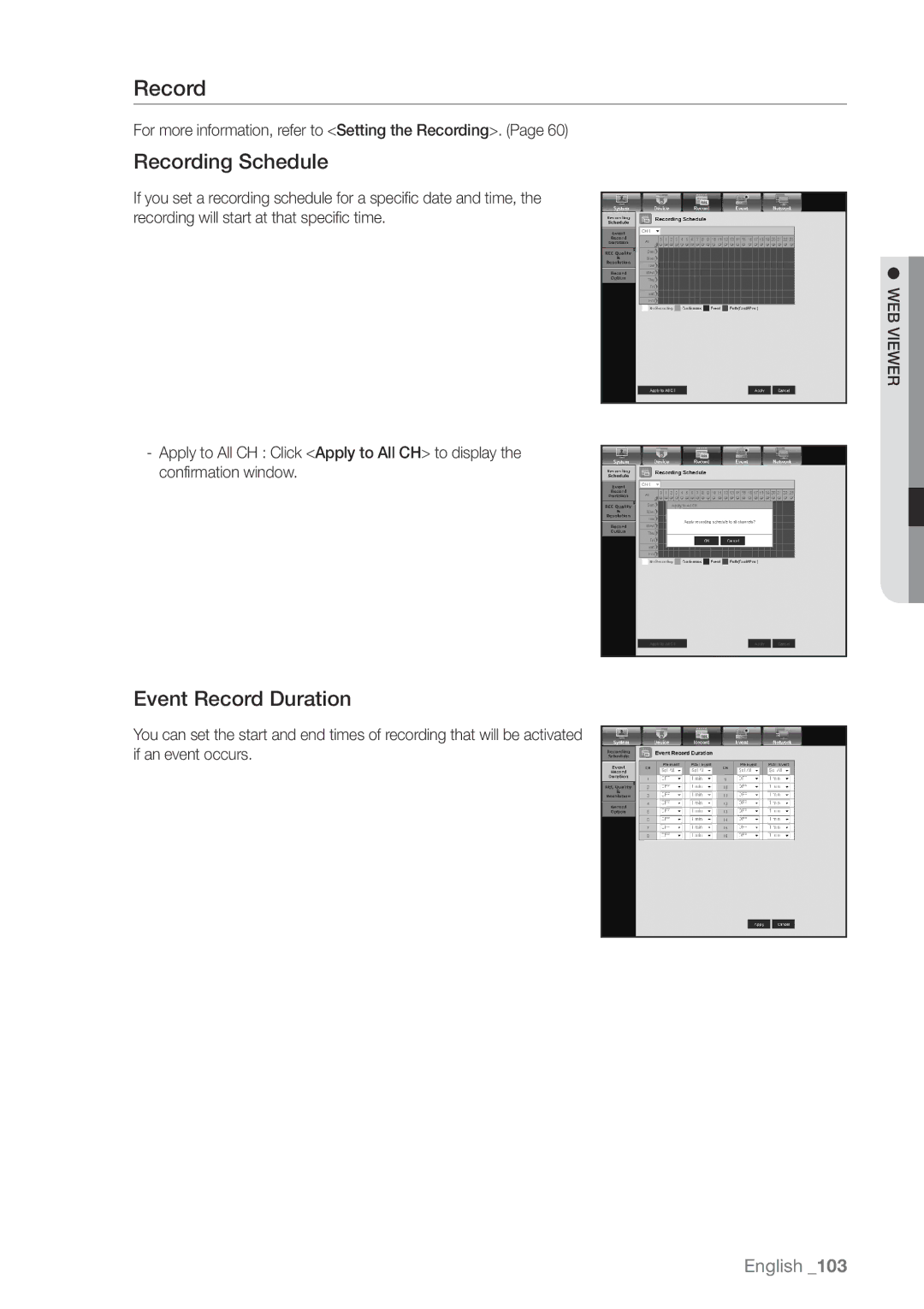 Samsung SDHP4080 Recording Schedule, Event Record Duration, For more information, refer to Setting the Recording 