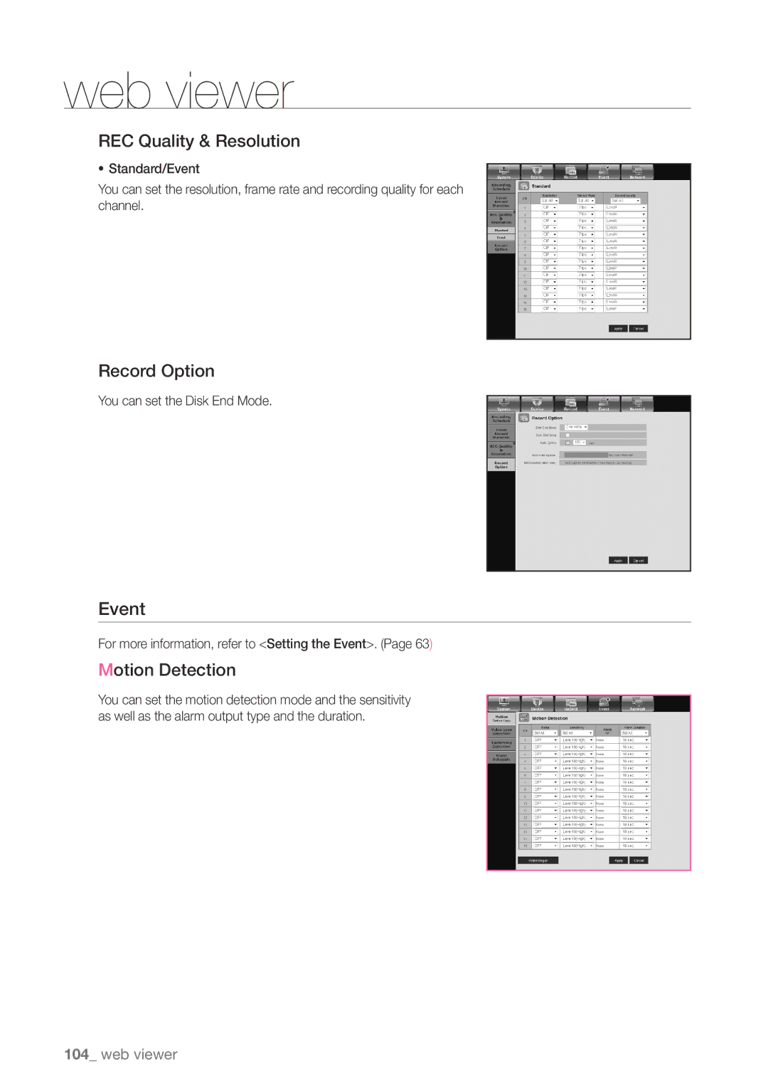 Samsung SDHP4080 user manual Event, REC Quality & Resolution, Record Option, Motion Detection 