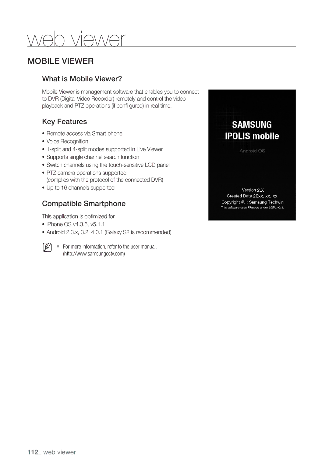 Samsung SDHP4080 user manual What is Mobile Viewer?, Key Features, Compatible Smartphone 