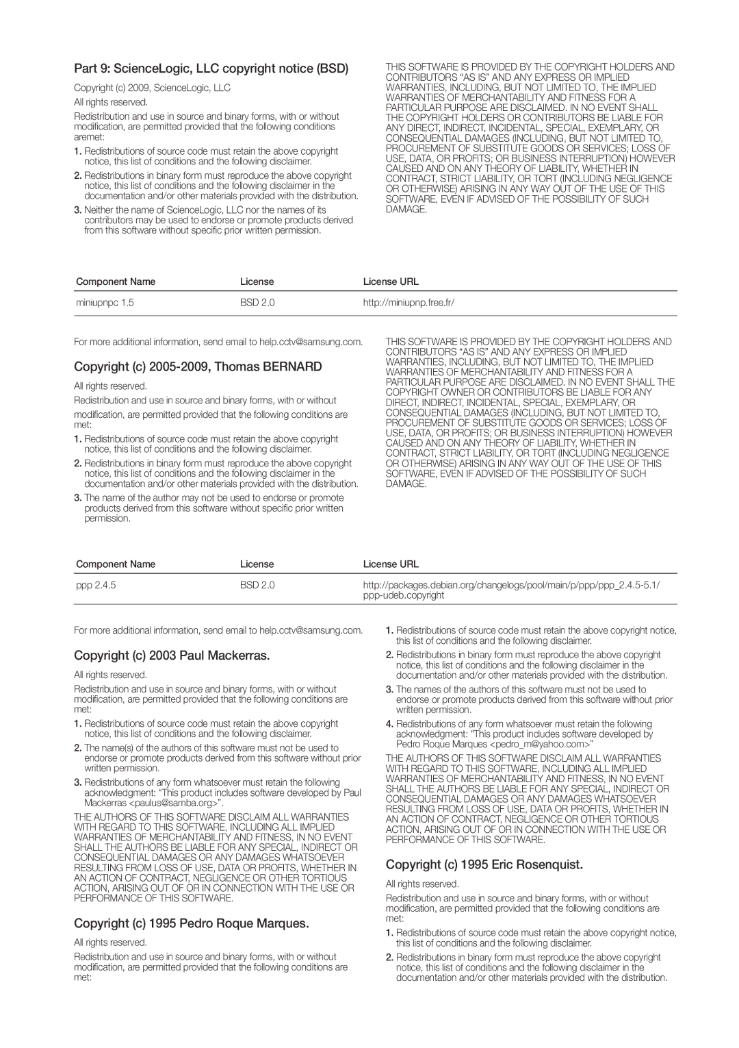 Samsung SDHP4080 user manual Part 9 ScienceLogic, LLC copyright notice BSD, Copyright c 2005-2009, Thomas Bernard 