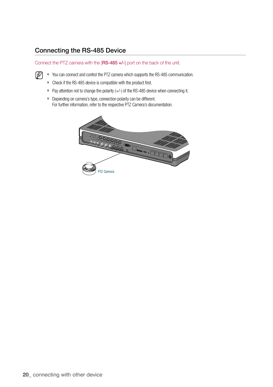 Samsung SDHP4080 user manual Connecting with other device, Connecting the RS-485 Device 