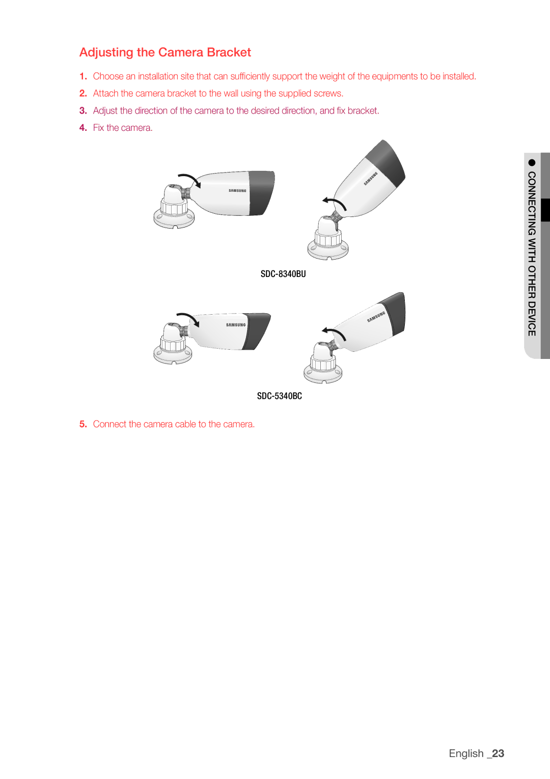 Samsung SDHP4080 user manual Adjusting the Camera Bracket 