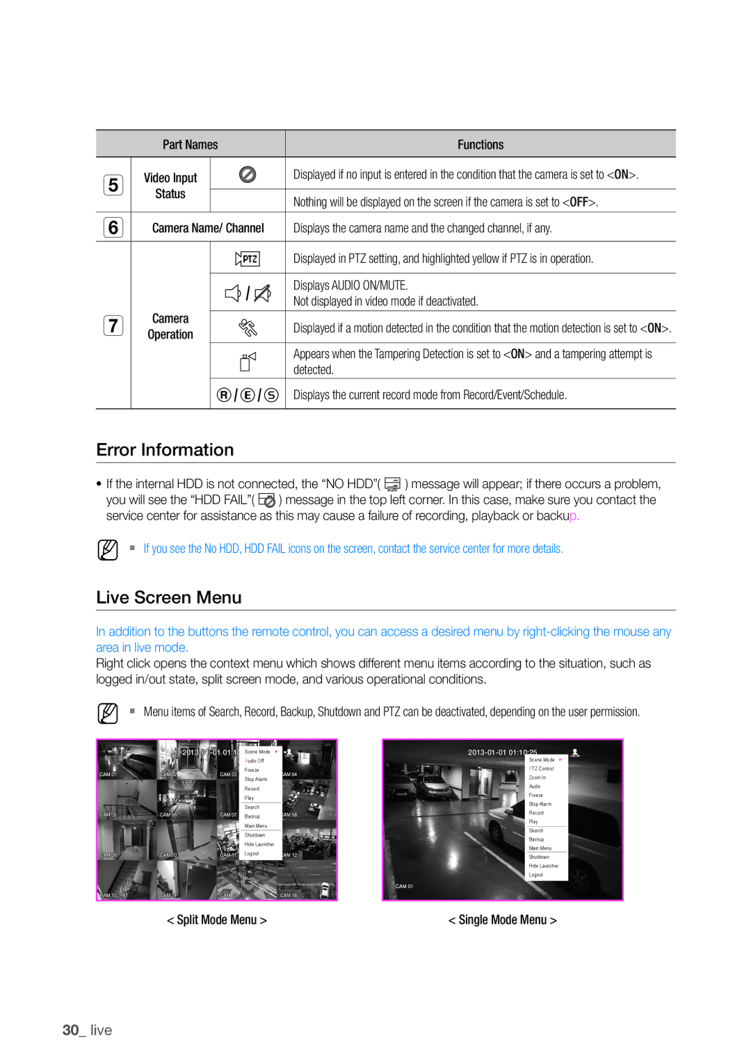 Samsung SDHP4080 user manual Error Information, Live Screen Menu 