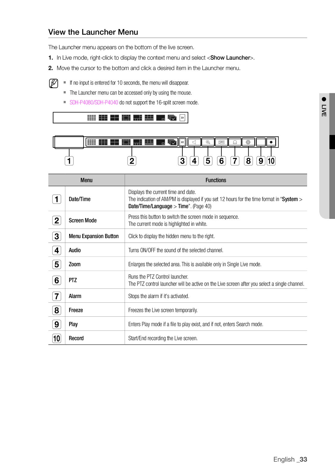 Samsung SDHP4080 user manual View the Launcher Menu, Ptz 