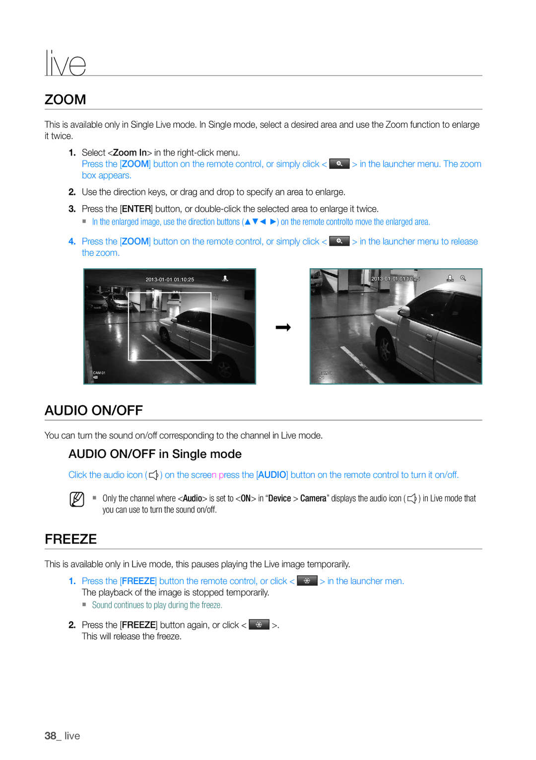 Samsung SDHP4080 user manual Zoom, Freeze, Audio ON/OFF in Single mode, You can use to turn the sound on/off 