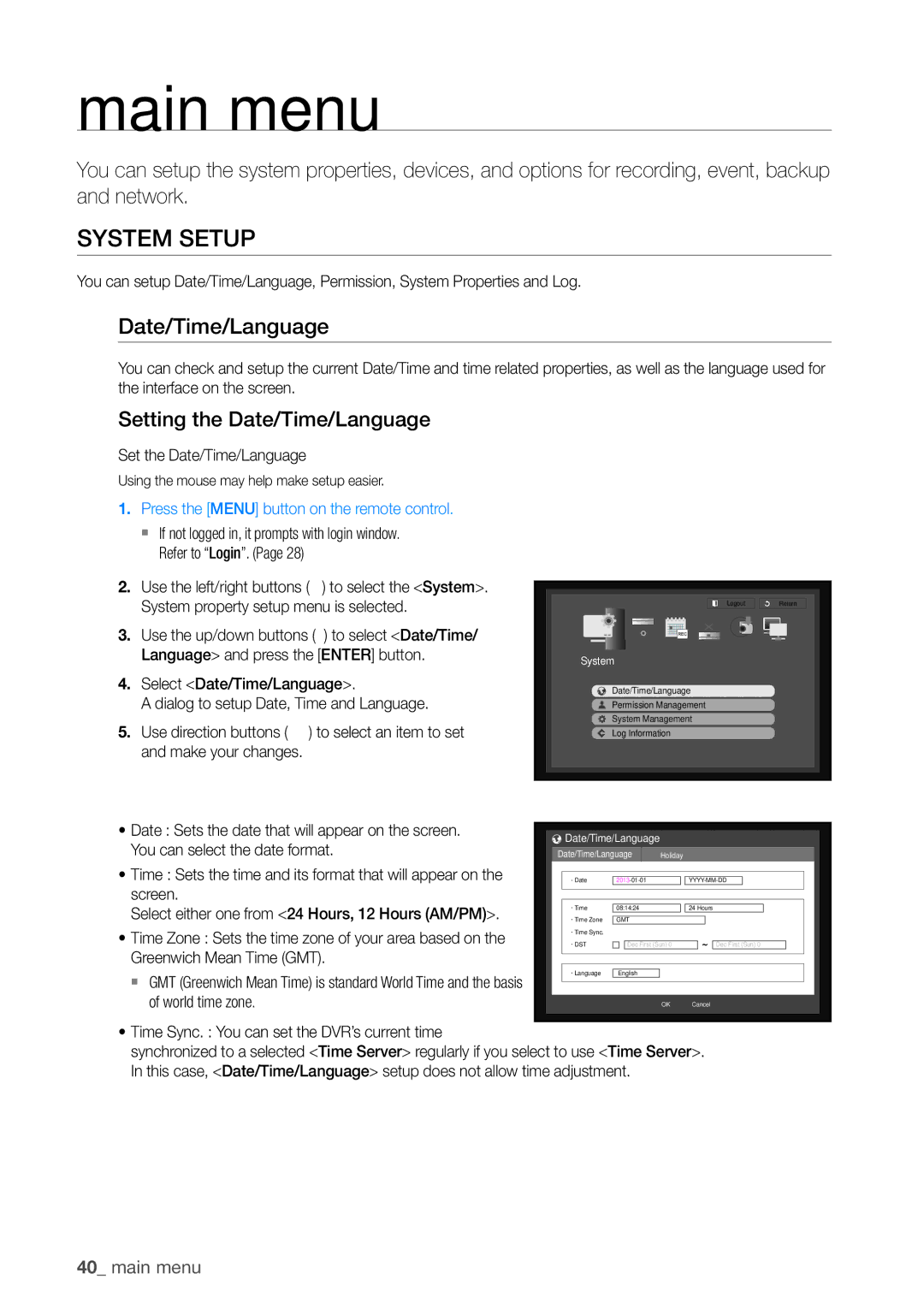 Samsung SDHP4080 user manual System Setup, Setting the Date/Time/Language 