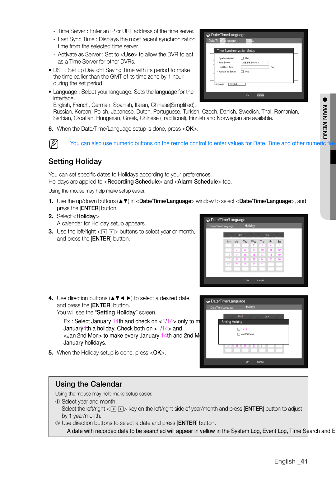 Samsung SDHP4080 user manual Setting Holiday, Using the Calendar 