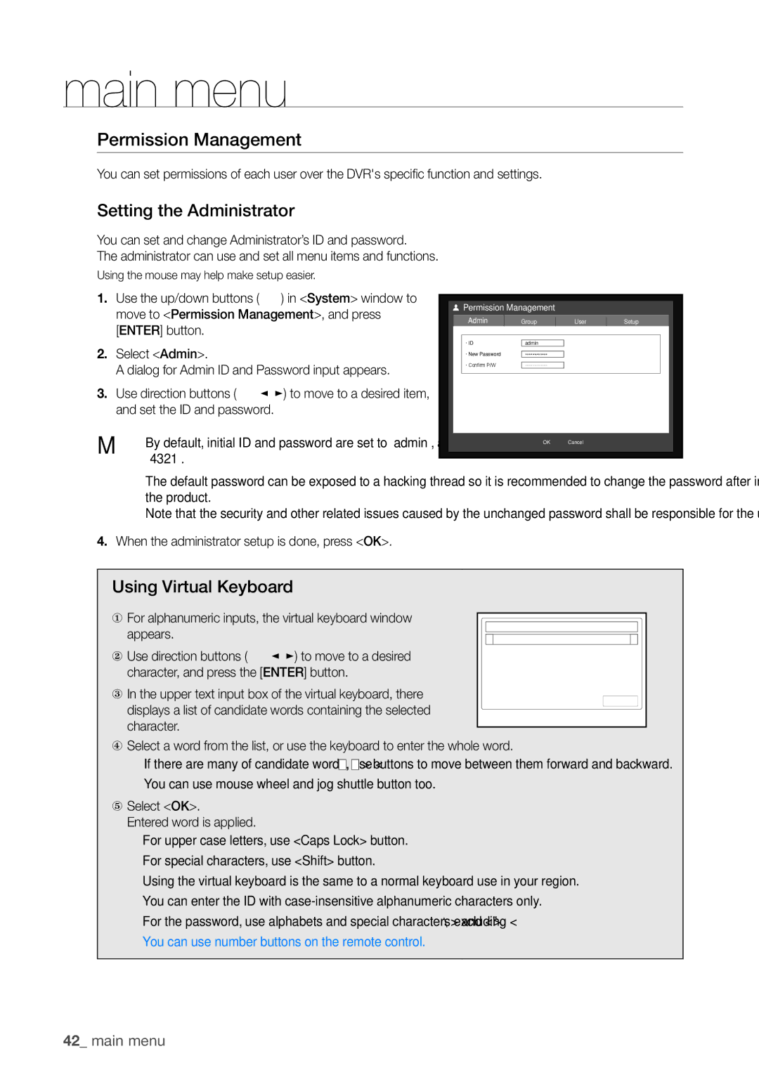 Samsung SDHP4080 user manual Permission Management, Setting the Administrator, Using Virtual Keyboard 