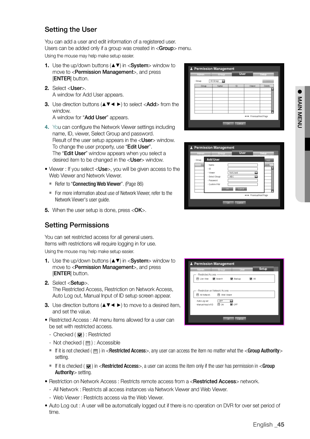 Samsung SDHP4080 user manual Setting the User, Setting Permissions 