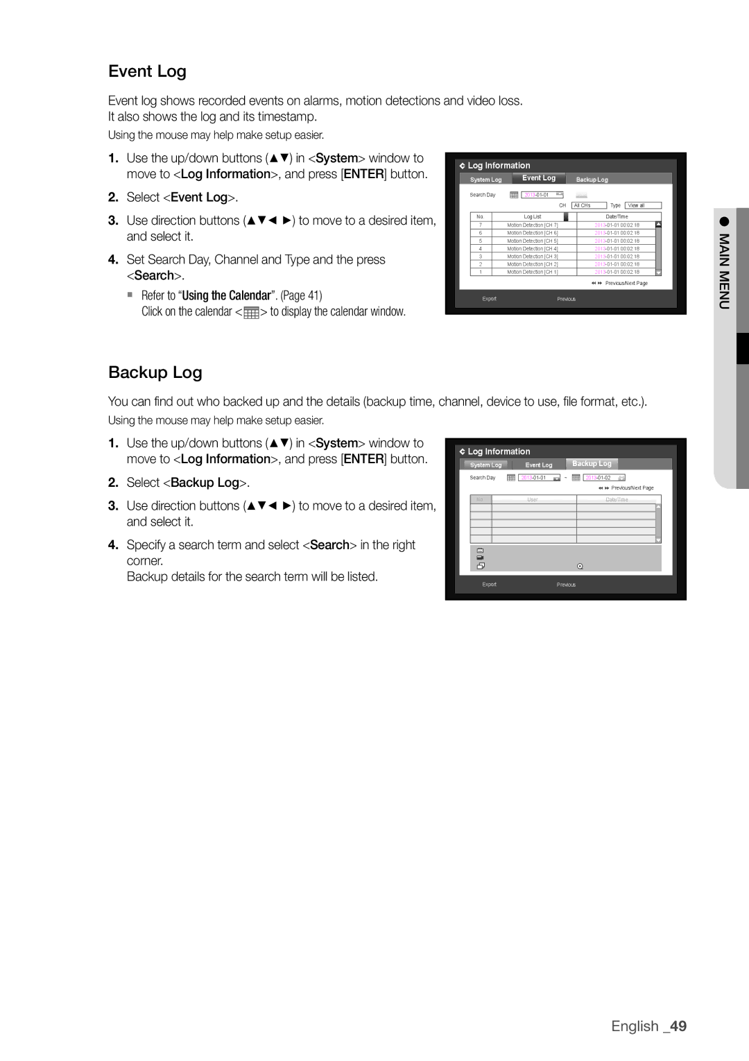 Samsung SDHP4080 user manual Event Log, Backup Log 