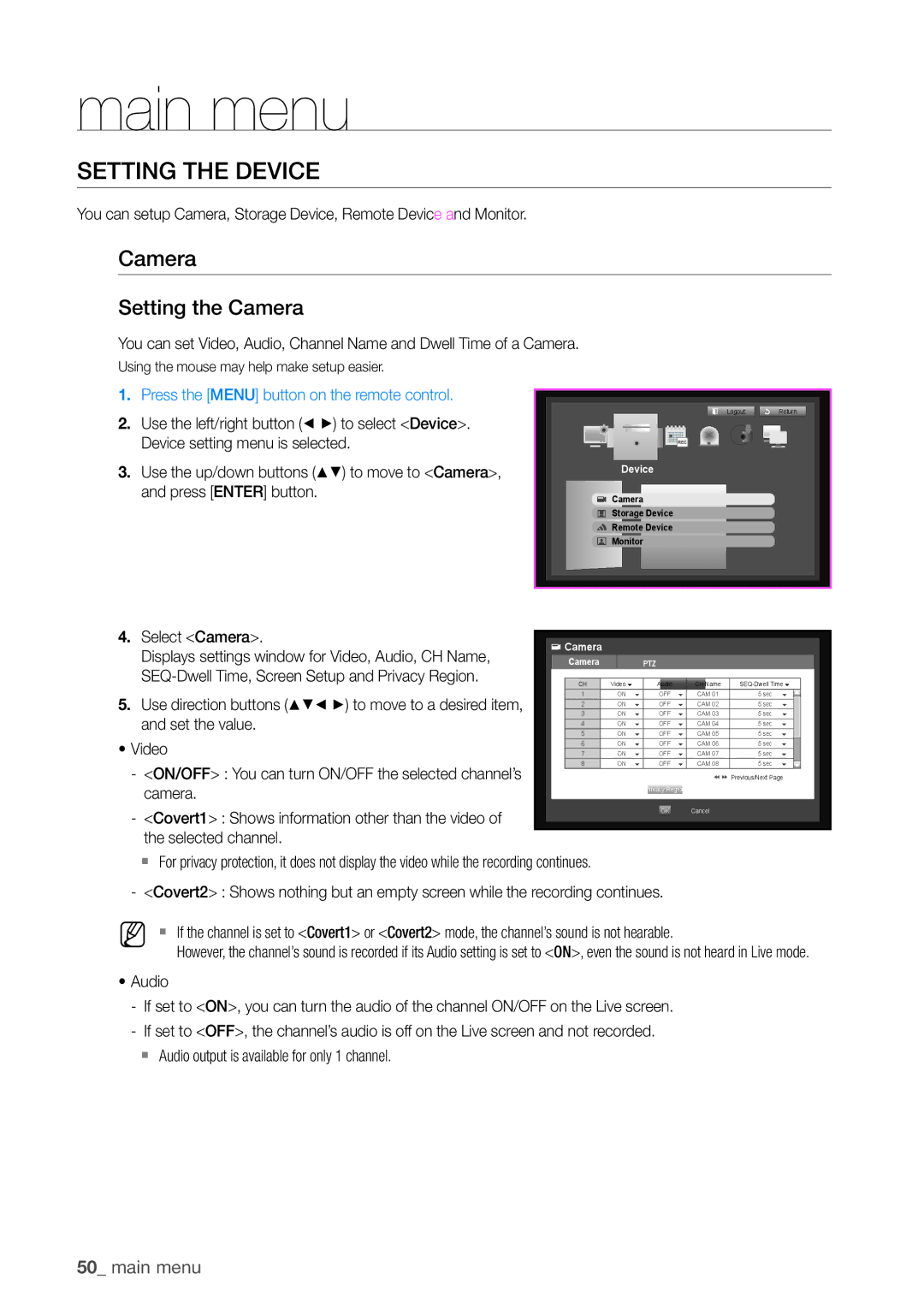 Samsung SDHP4080 Setting the Device, Setting the Camera, `` Audio output is available for only 1 channel 