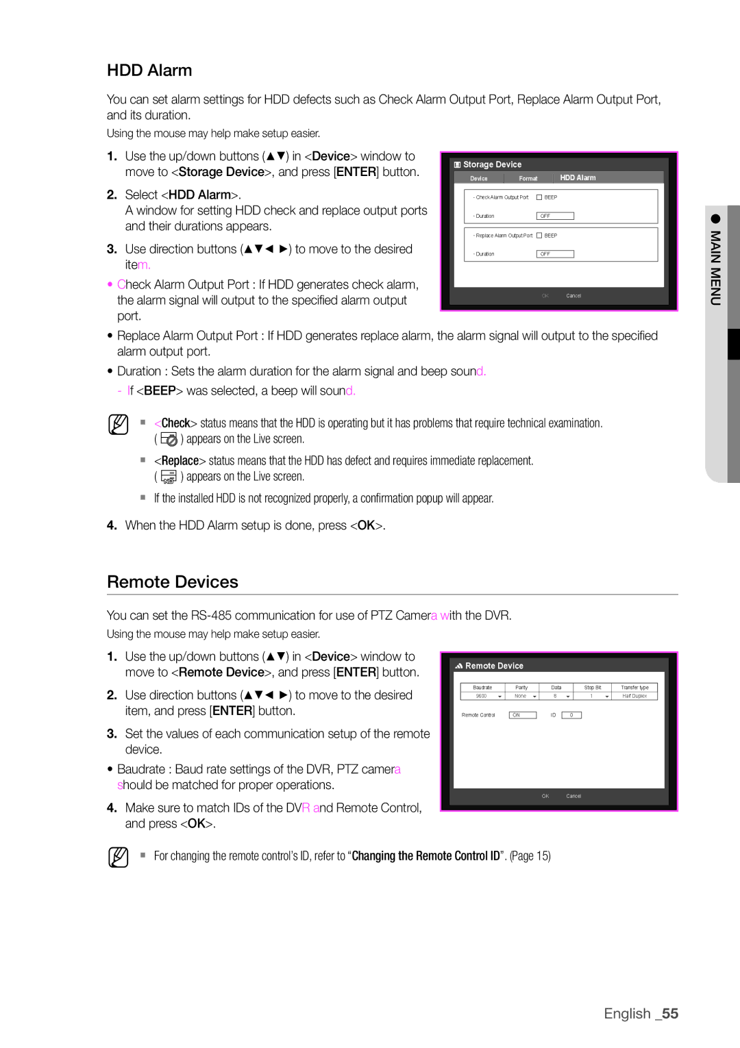 Samsung SDHP4080 user manual Remote Devices, Select HDD Alarm, Their durations appears 