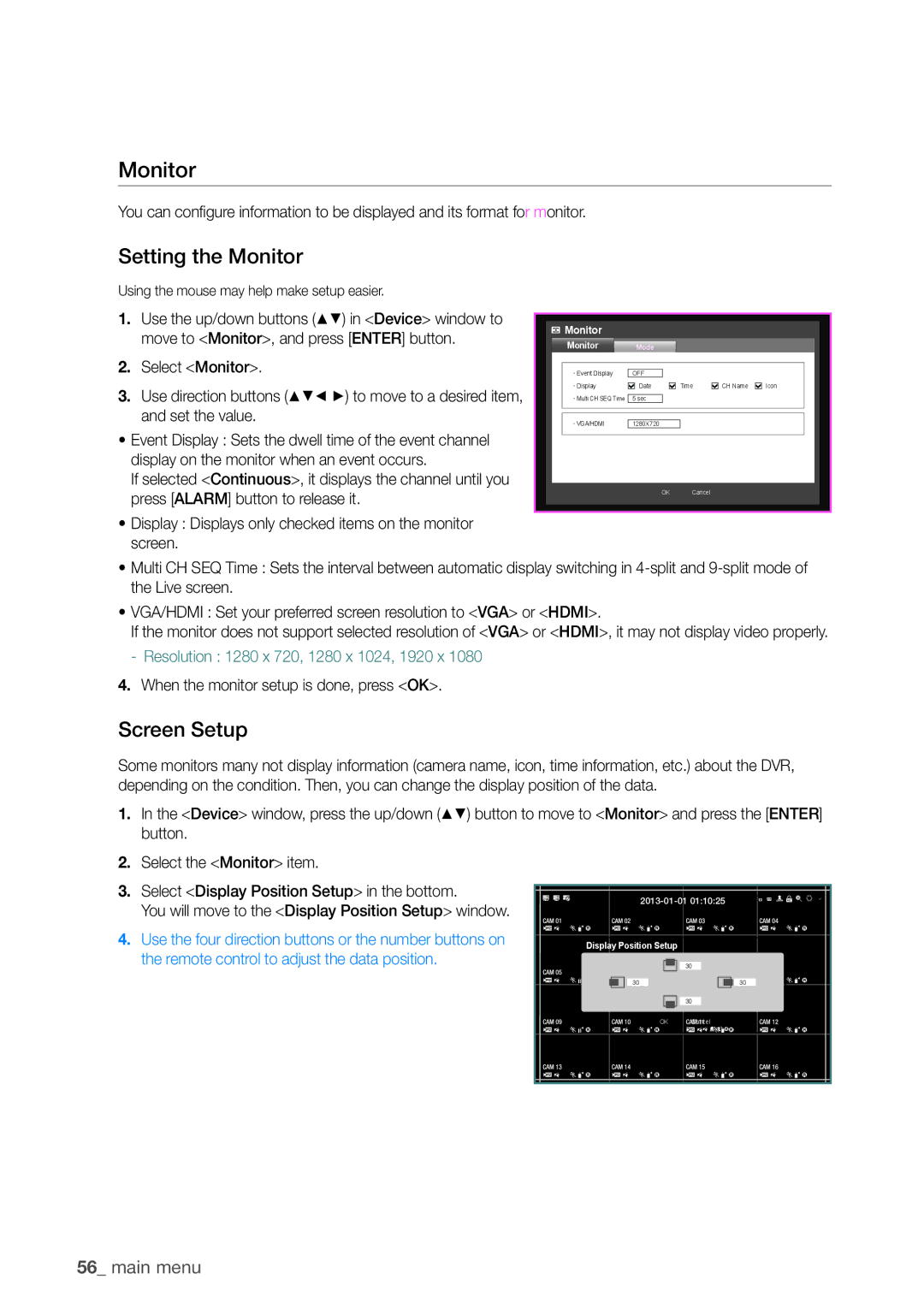 Samsung SDHP4080 user manual Setting the Monitor, Screen Setup 