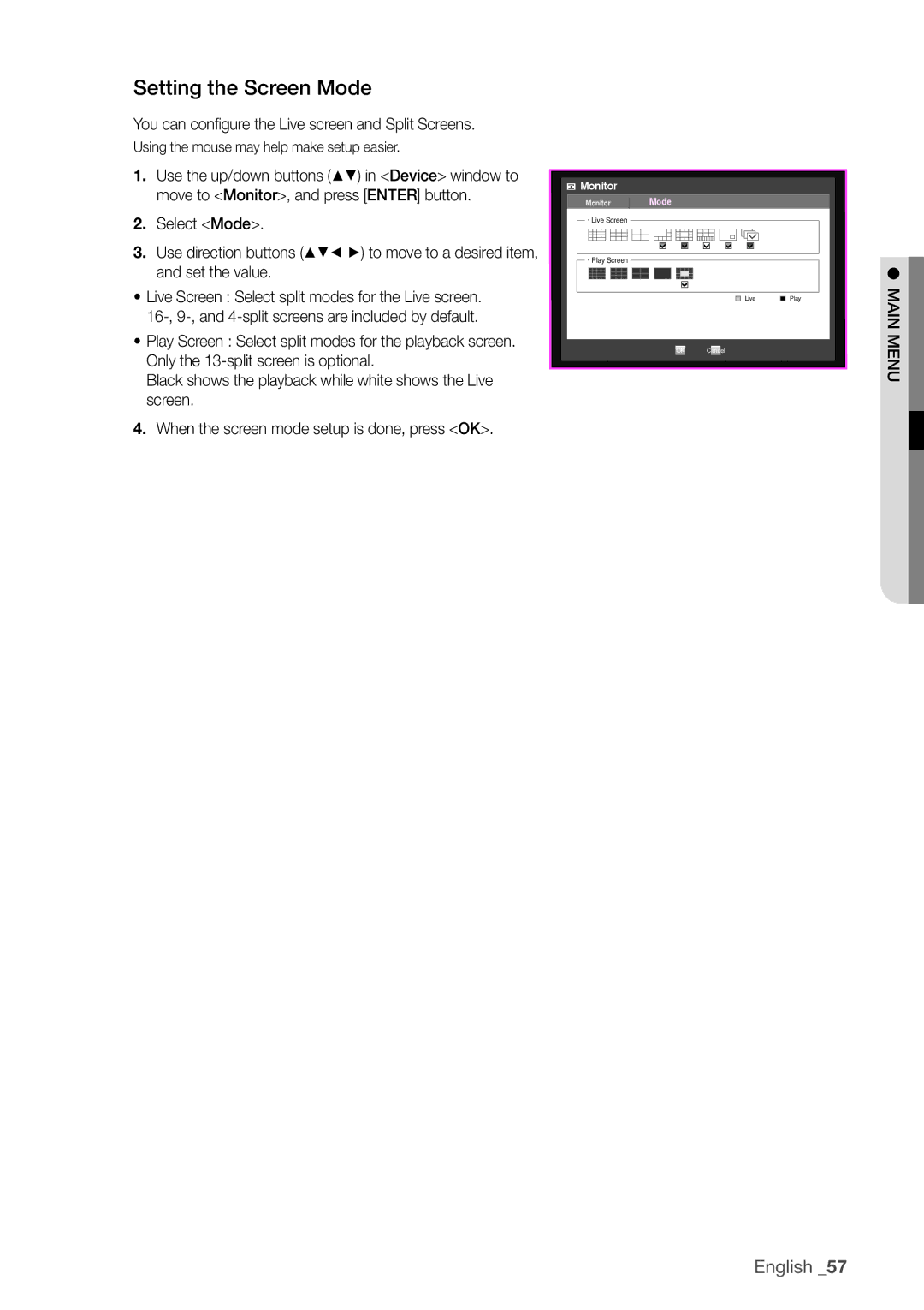 Samsung SDHP4080 user manual Setting the Screen Mode, You can configure the Live screen and Split Screens 