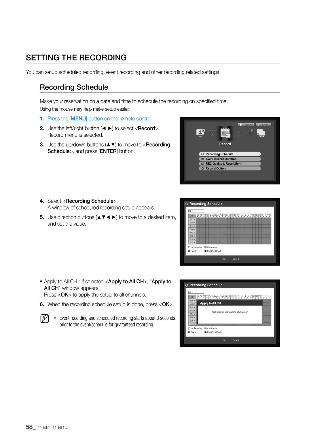 Samsung SDHP4080 user manual Setting the Recording, Recording Schedule 