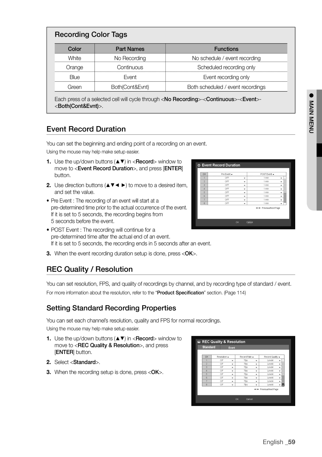 Samsung SDHP4080 user manual Event Record Duration, REC Quality / Resolution, Recording Color Tags 