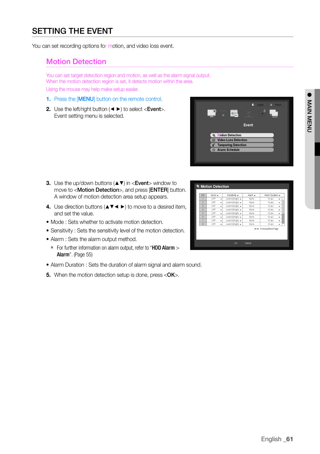 Samsung SDHP4080 user manual Setting the Event, Motion Detection 