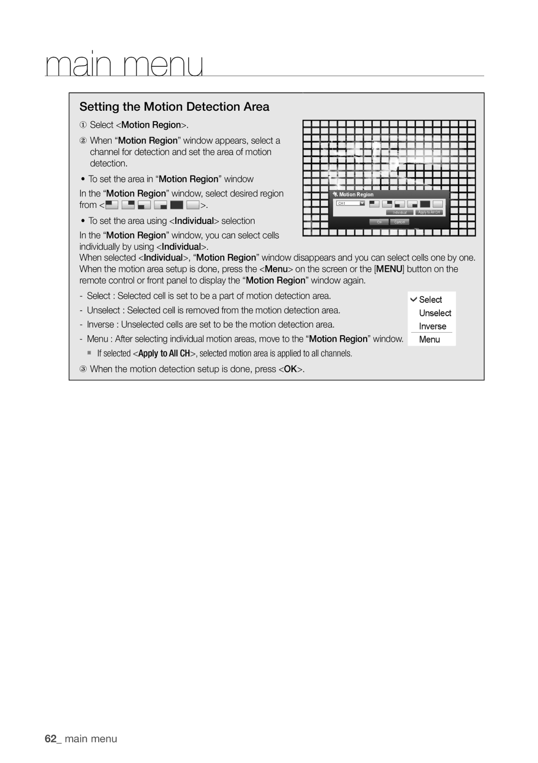 Samsung SDHP4080 user manual Setting the Motion Detection Area, To set the area using Individual selection 