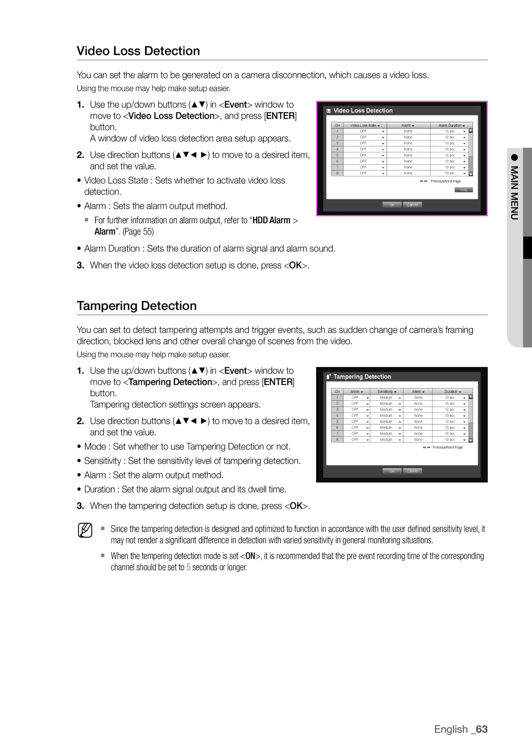 Samsung SDHP4080 user manual Video Loss Detection, Tampering Detection 