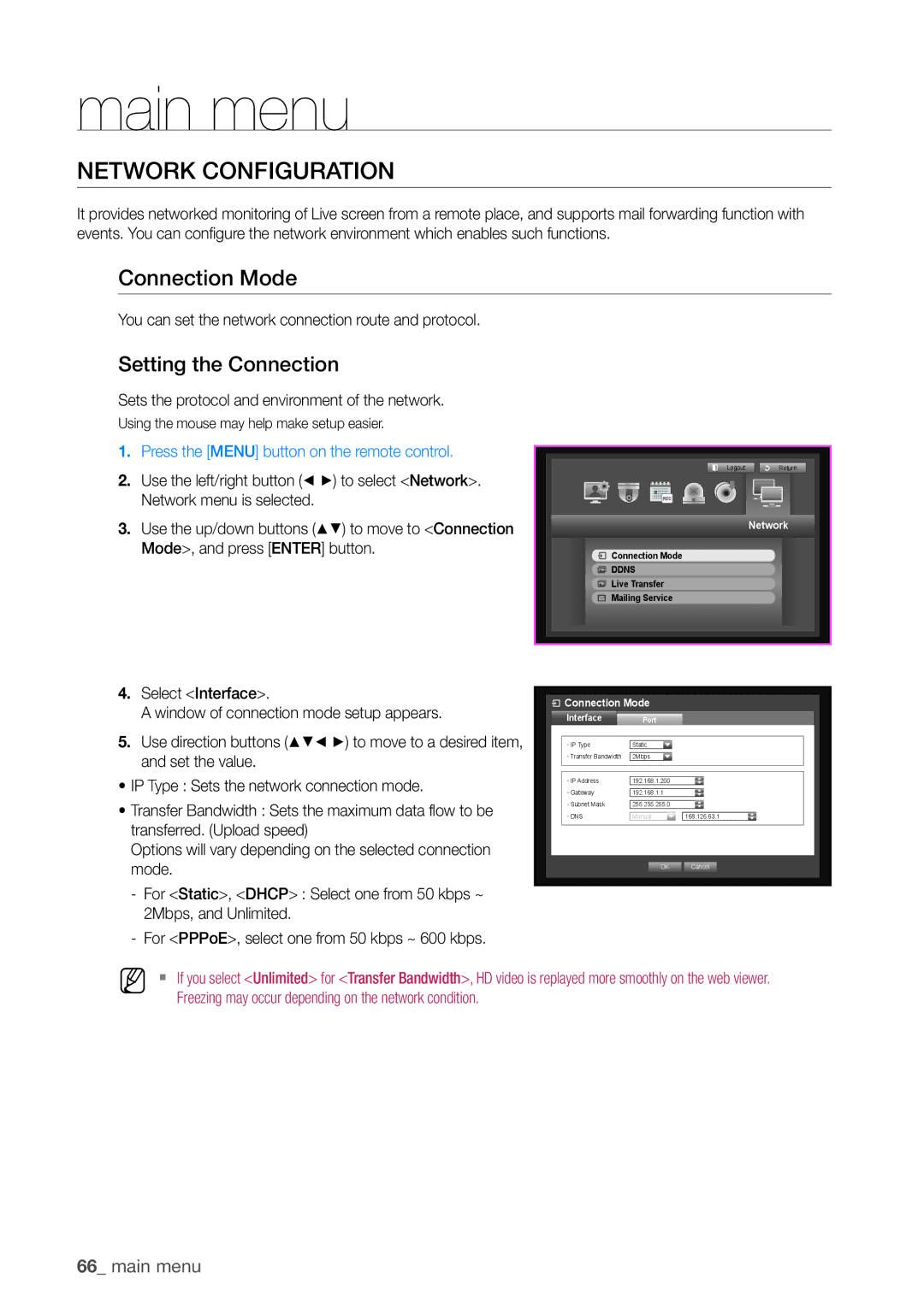 Samsung SDHP4080 user manual Network Configuration, Connection Mode, Setting the Connection 