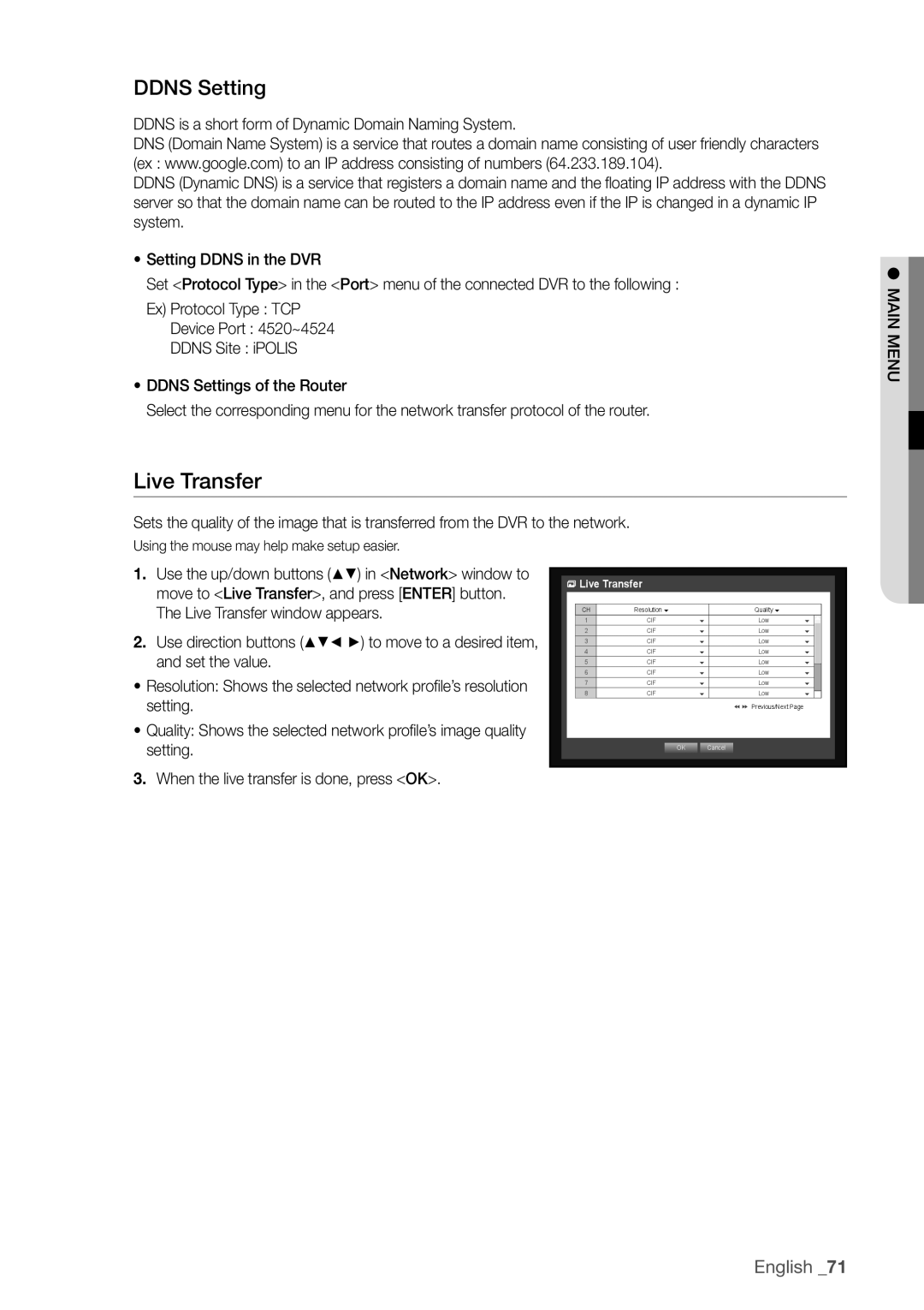 Samsung SDHP4080 user manual Live Transfer, Ddns Setting 