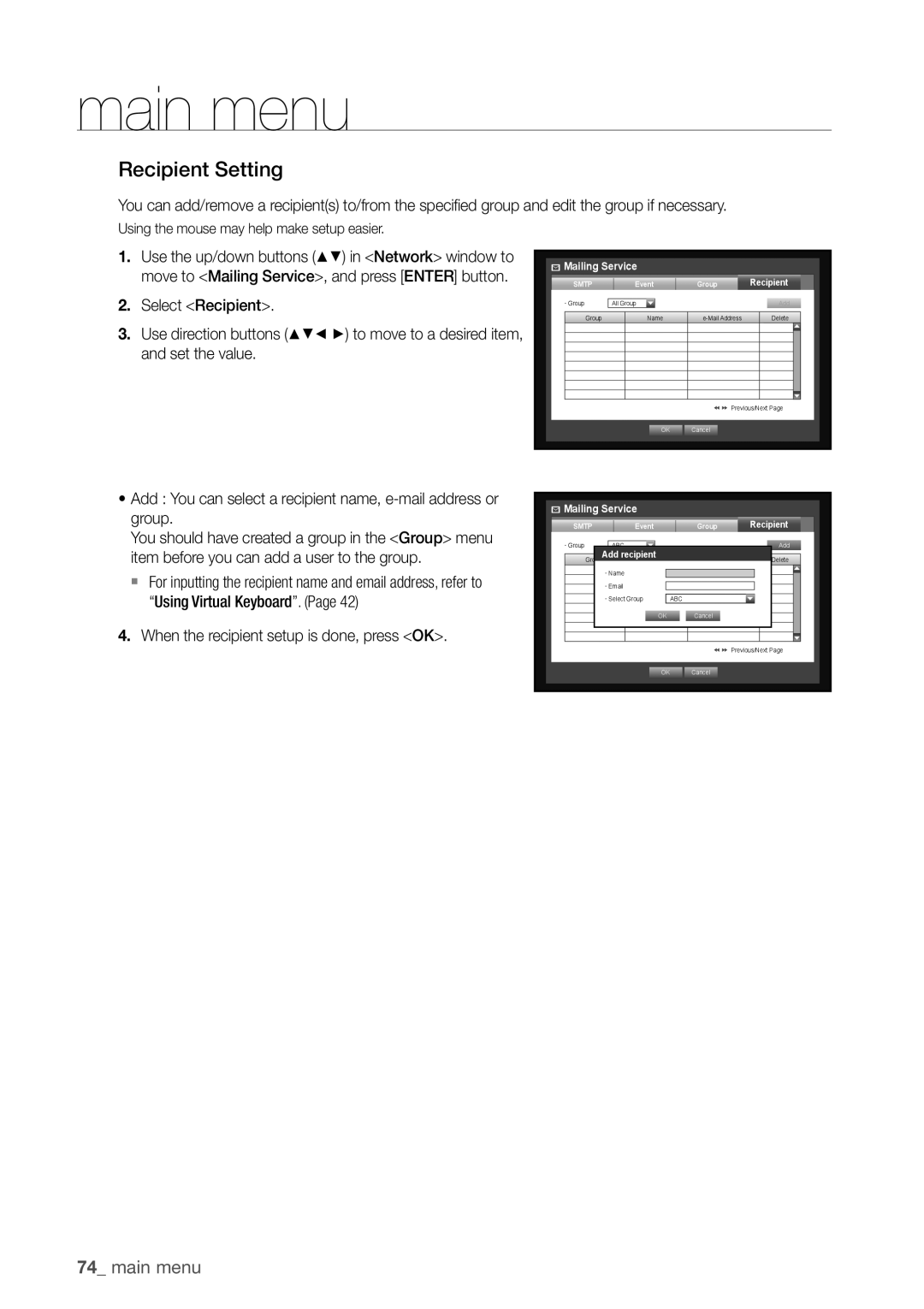 Samsung SDHP4080 user manual Recipient Setting, When the recipient setup is done, press OK 