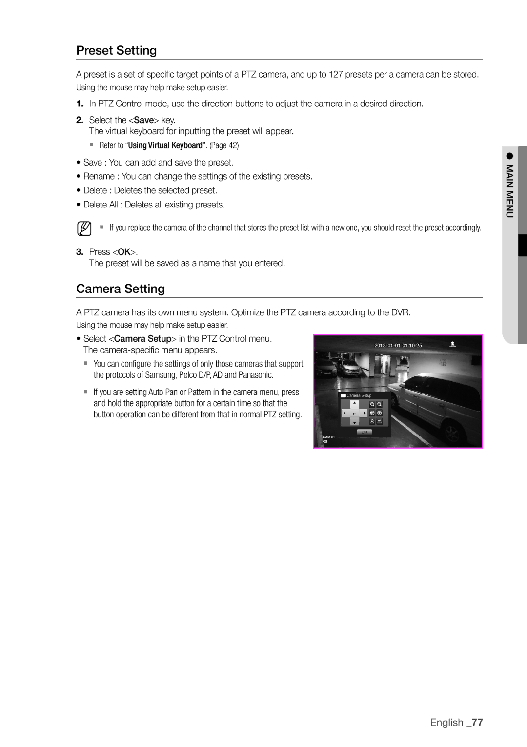 Samsung SDHP4080 user manual Preset Setting, Camera Setting, Press OK Preset will be saved as a name that you entered 