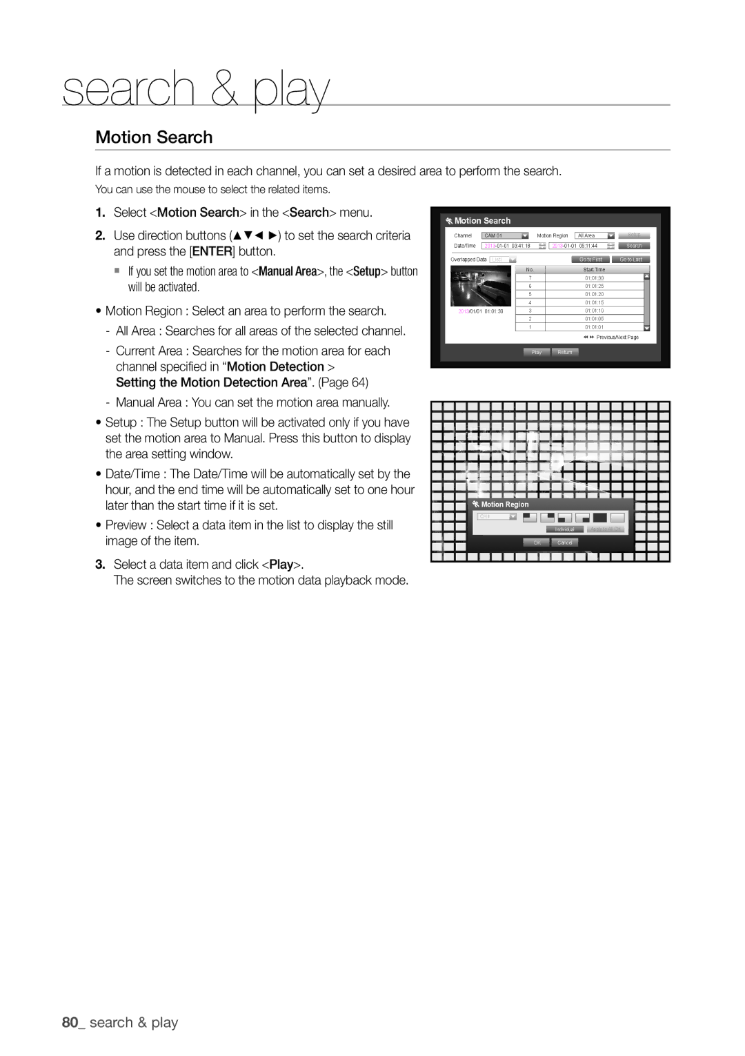 Samsung SDHP4080 user manual Motion Search, Screen switches to the motion data playback mode 