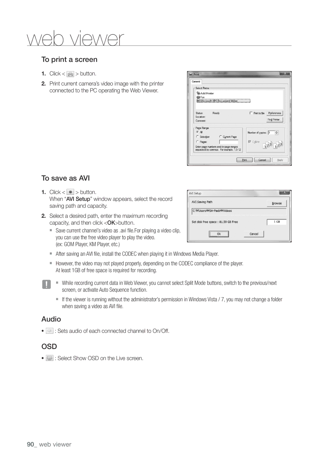 Samsung SDHP4080 user manual To print a screen, To save as AVI, Audio 