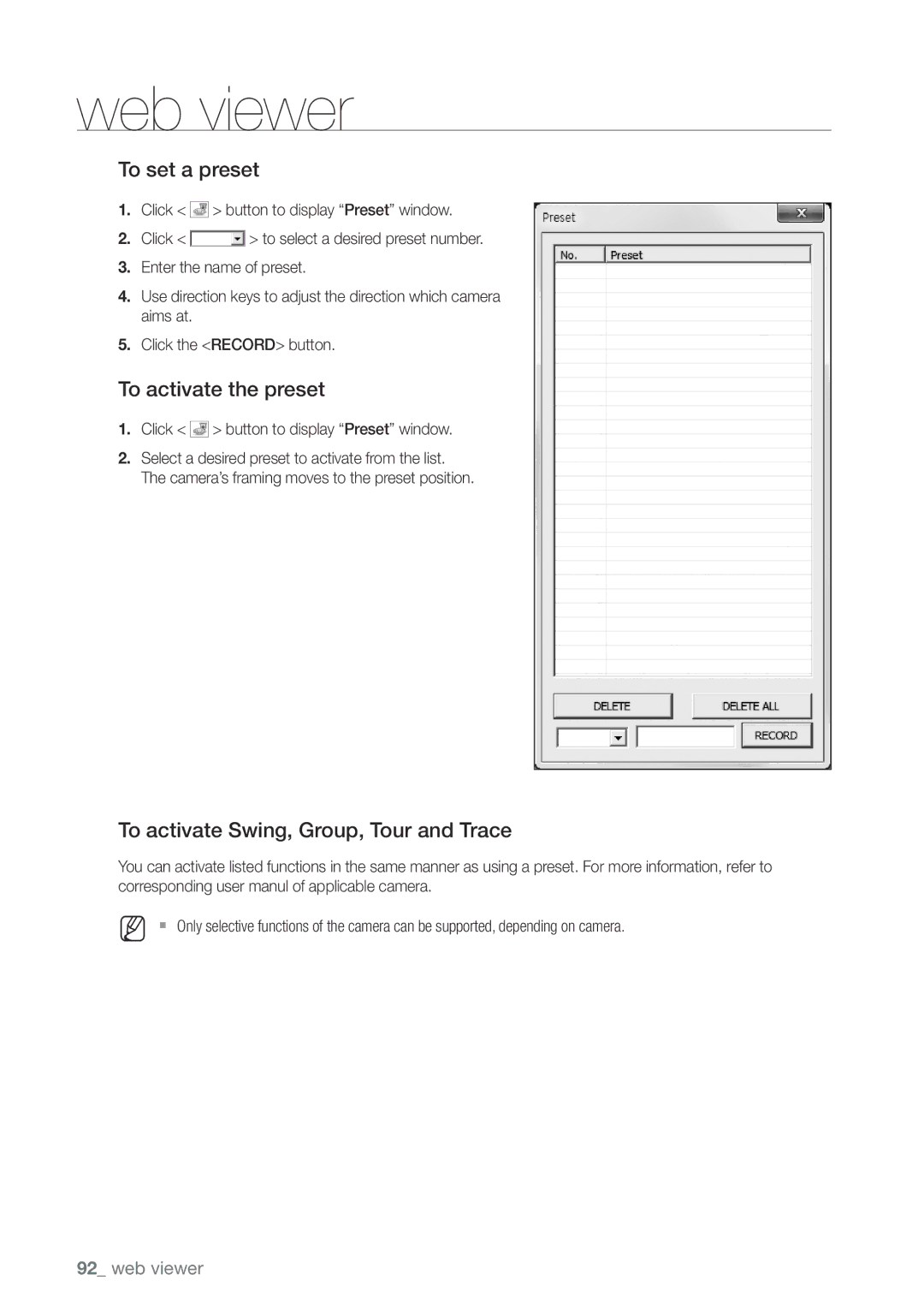 Samsung SDHP4080 user manual To set a preset, To activate the preset, To activate Swing, Group, Tour and Trace 